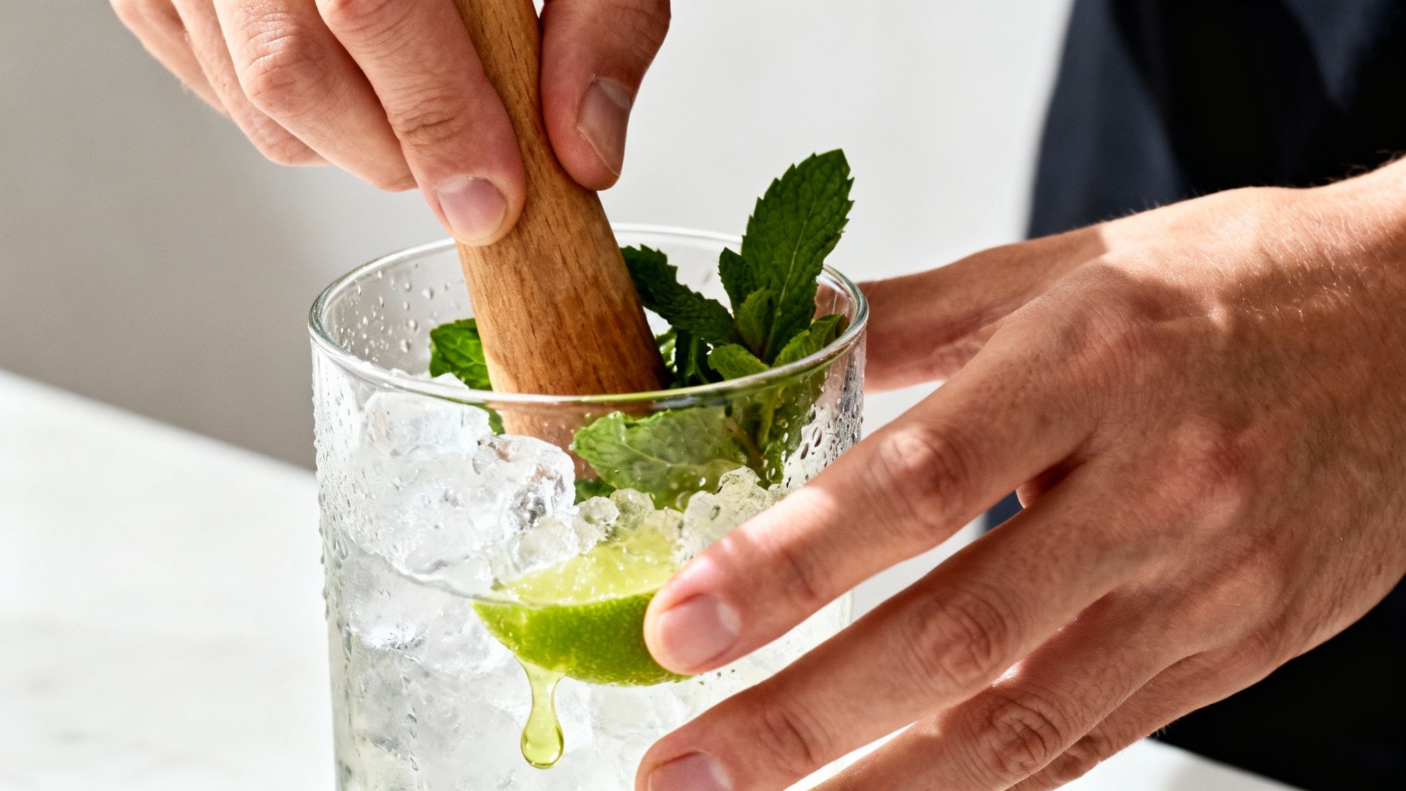 Mojito sans alcool fraîchement préparé dans un verre avec des glaçons et de la menthe.