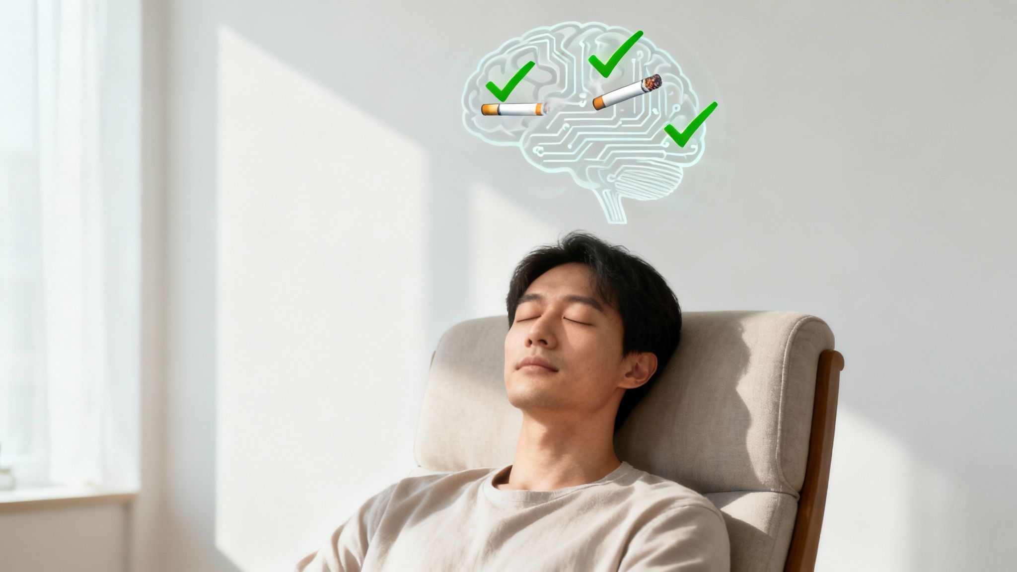 Homme détendu en hypnothérapie visualisant l'arrêt du tabac avec cerveau et cigarettes cochées