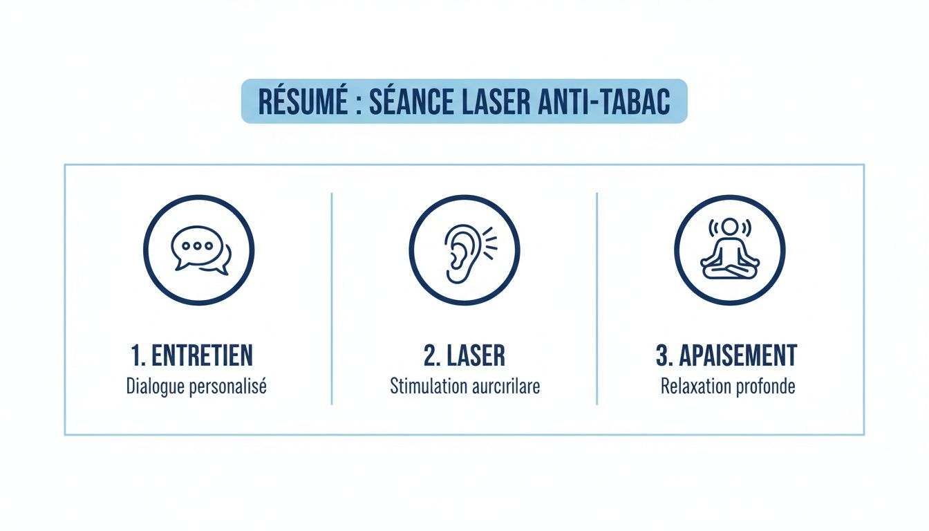 Image décrivant les trois étapes d'une séance laser anti-tabac : entretien, stimulation auriculaire et relaxation profonde.