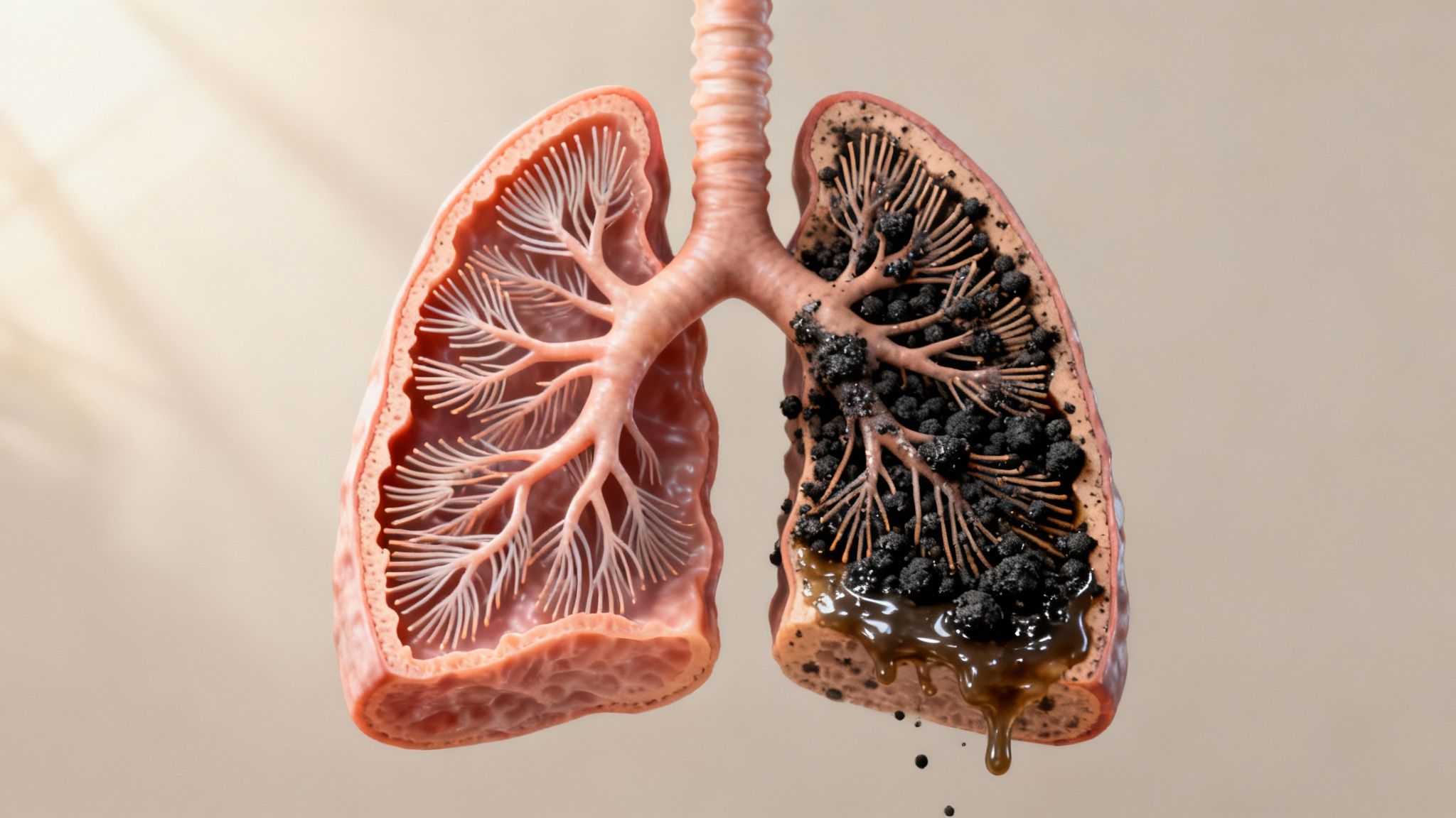 Comparaison des poumons : un sain et un endommagé par le tabagisme, rempli de goudron noir, s'écoulant.