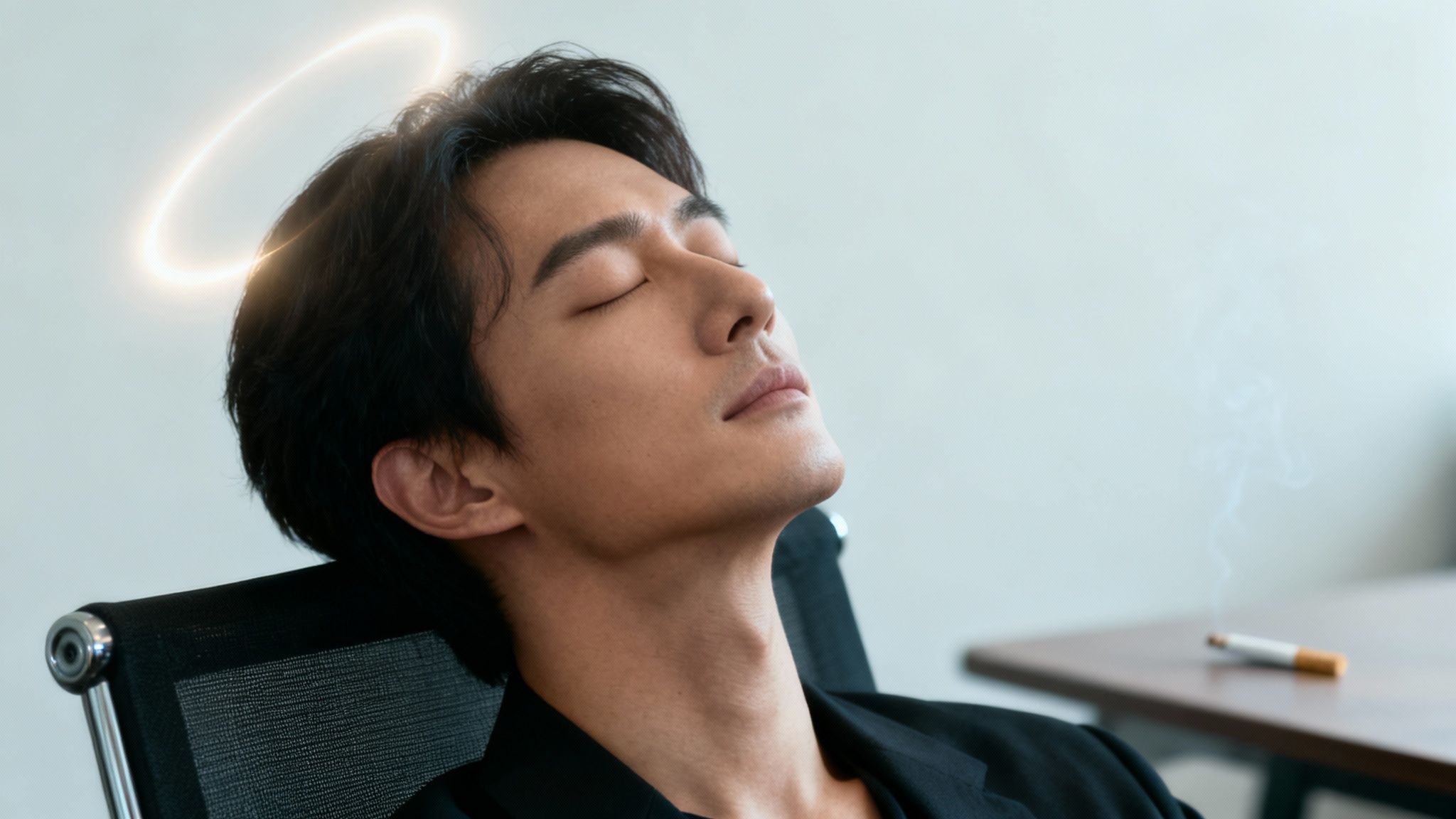 Un homme aux yeux fermés, auréole lumineuse, se repose dans un fauteuil, avec une cigarette allumée à proximité.