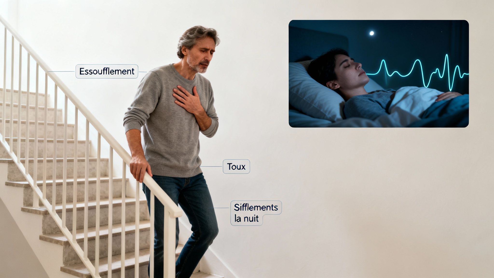 Un homme âgé haletant dans un escalier, avec des symptômes comme essoufflement, toux et sifflements nocturnes.
