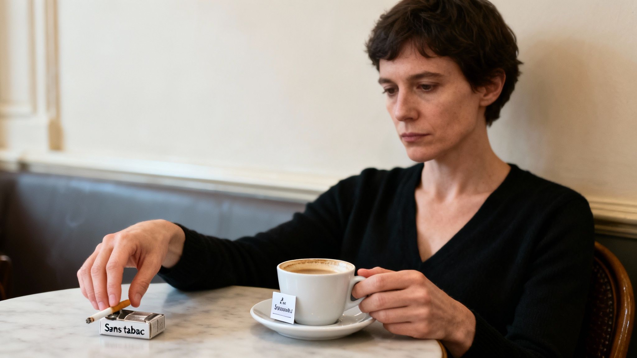 Une femme à table tient une cigarette « sans tabac » et une tasse de café, dans un café.