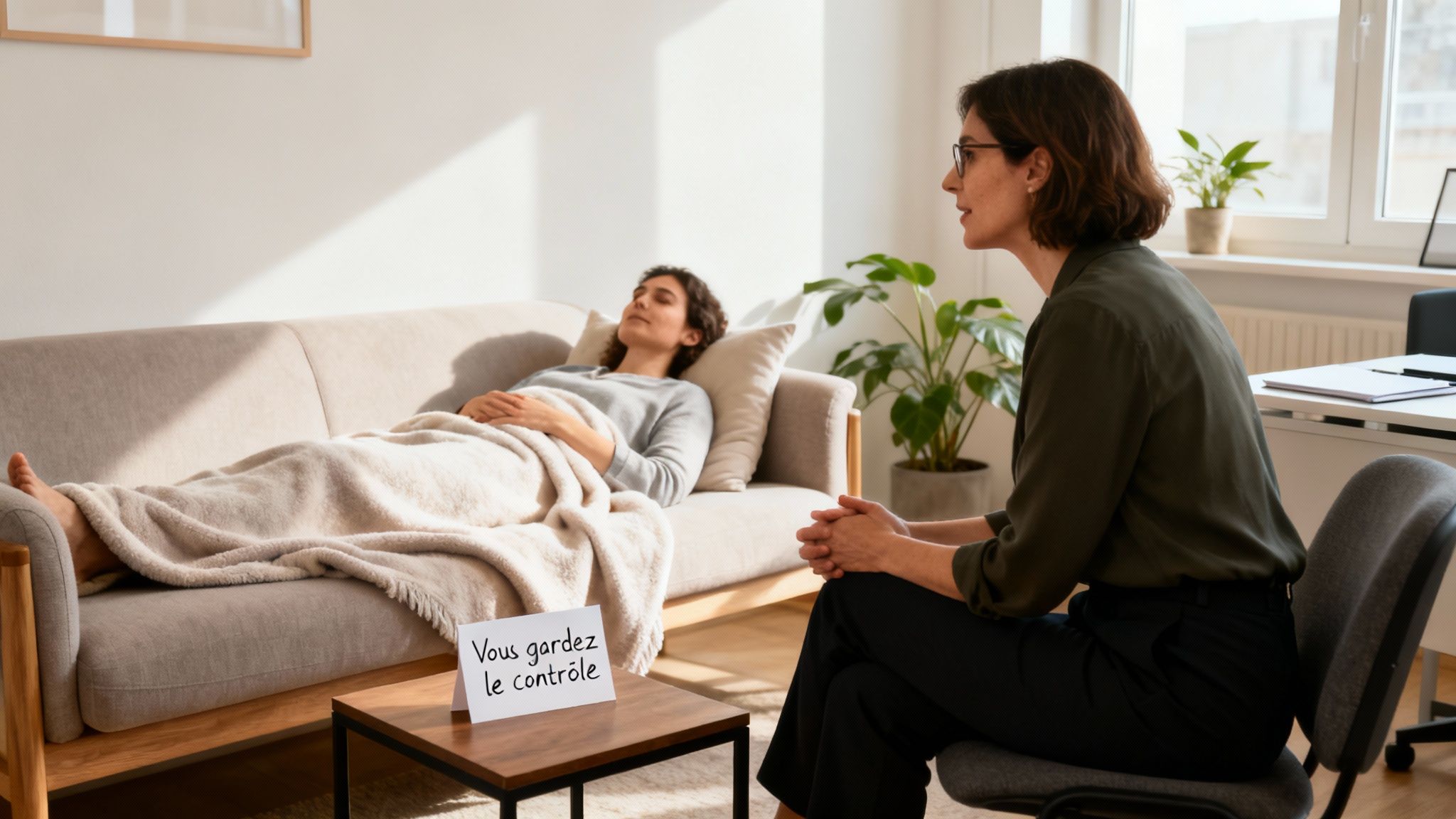 Une femme sous hypnose sur un canapé face à sa thérapeute, avec un message de contrôle.