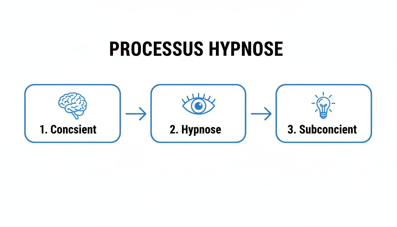 Diagramme du processus d'hypnose, illustrant le passage du conscient à l'hypnose et au subconscient.