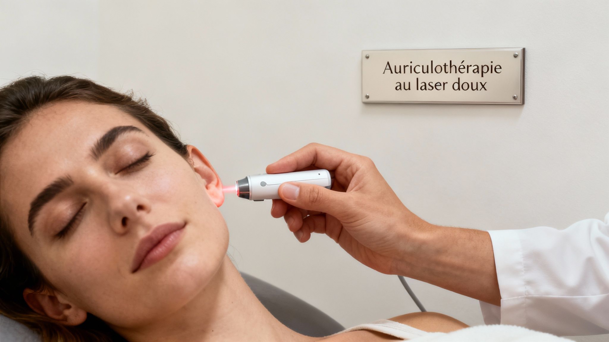 Une femme aux yeux fermés reçoit une auriculothérapie au laser doux sur l'oreille, un traitement pour arrêter de fumer.