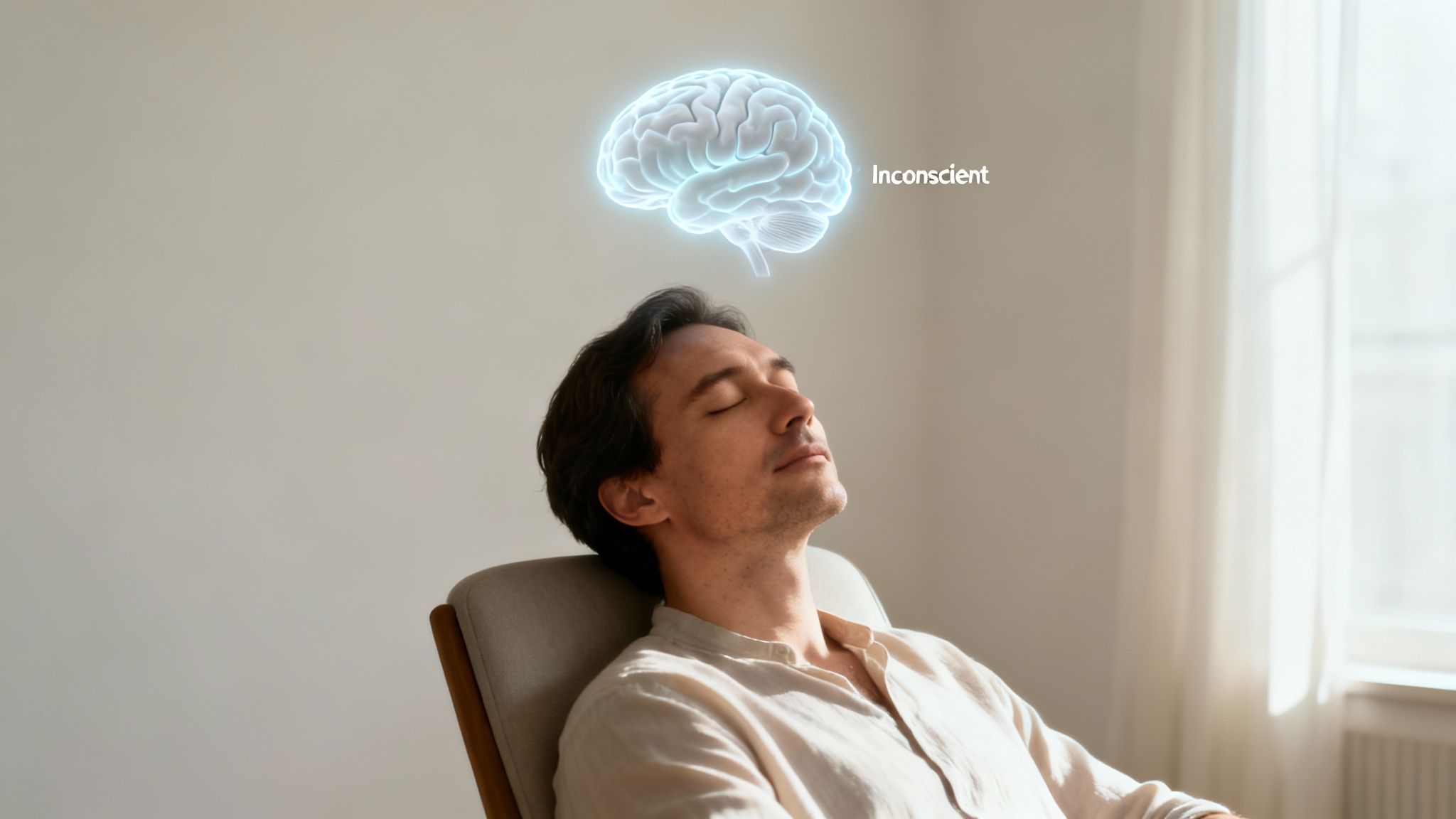 Un homme relaxe, les yeux fermés, avec un cerveau lumineux et le mot « Inconscient » flottant au-dessus de sa tête.