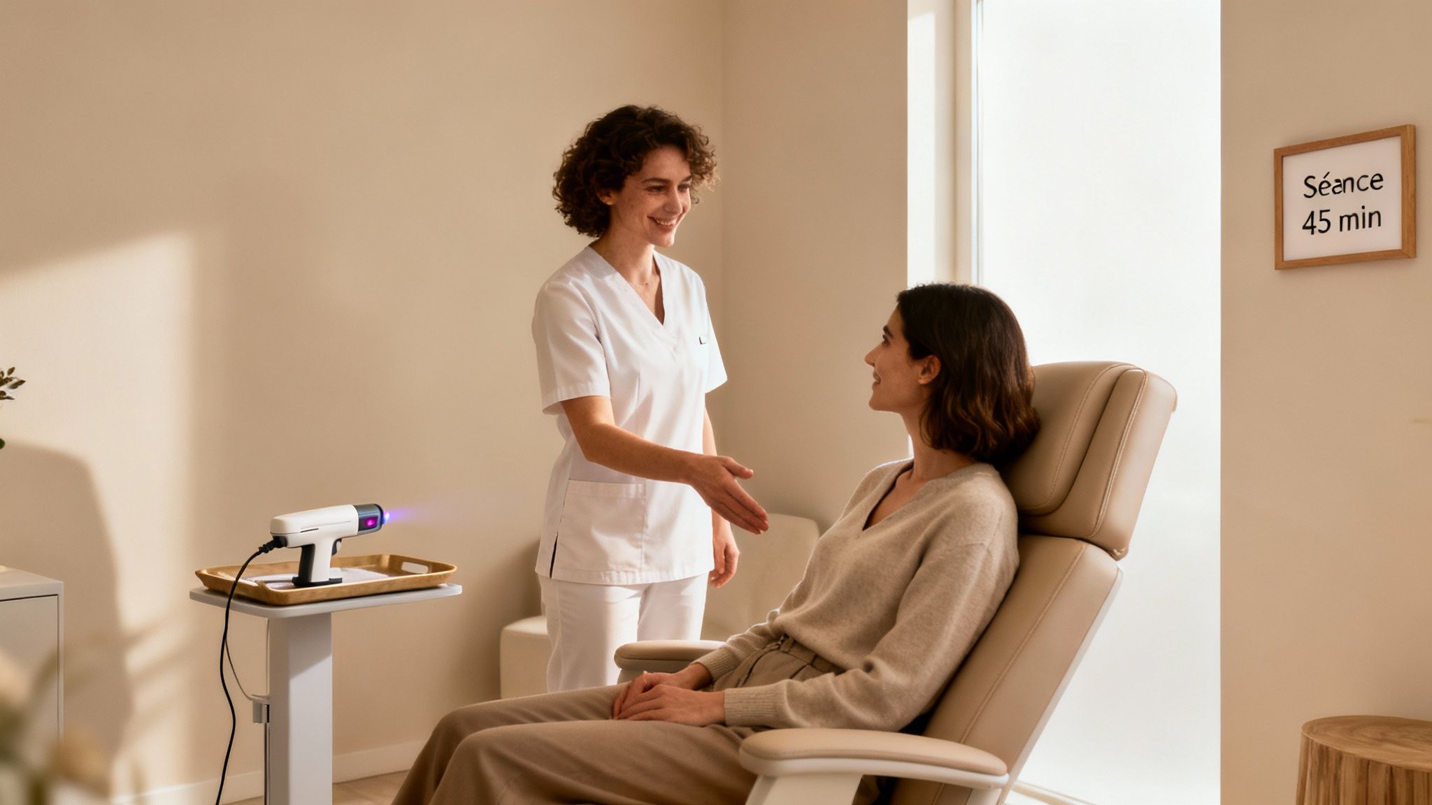 Une professionnelle de la santé souriante accueille une patiente assise dans un fauteuil de traitement, avec un appareil médical à proximité.