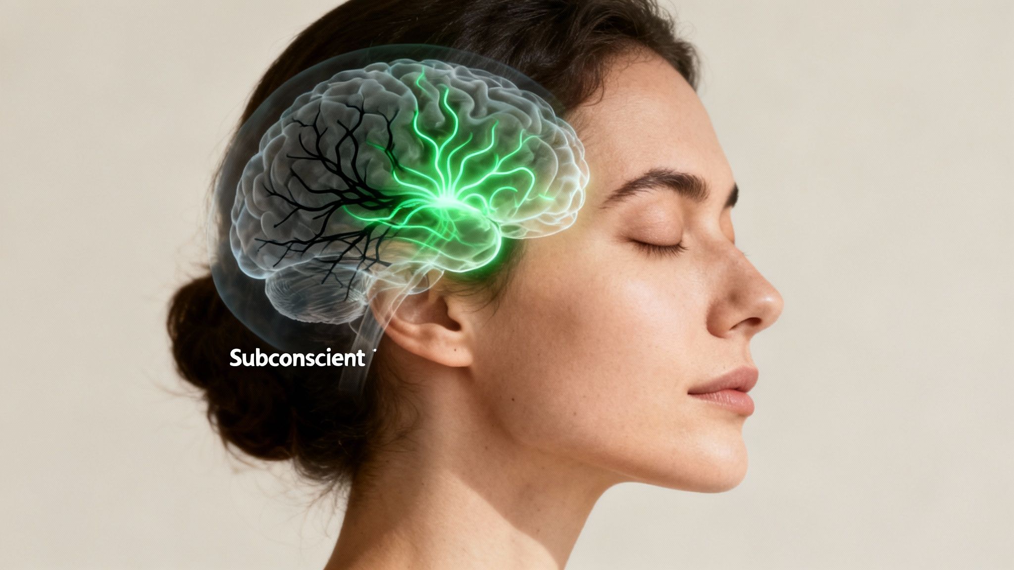 Une femme aux yeux fermés avec une représentation lumineuse de son cerveau, symbolisant le subconscient.