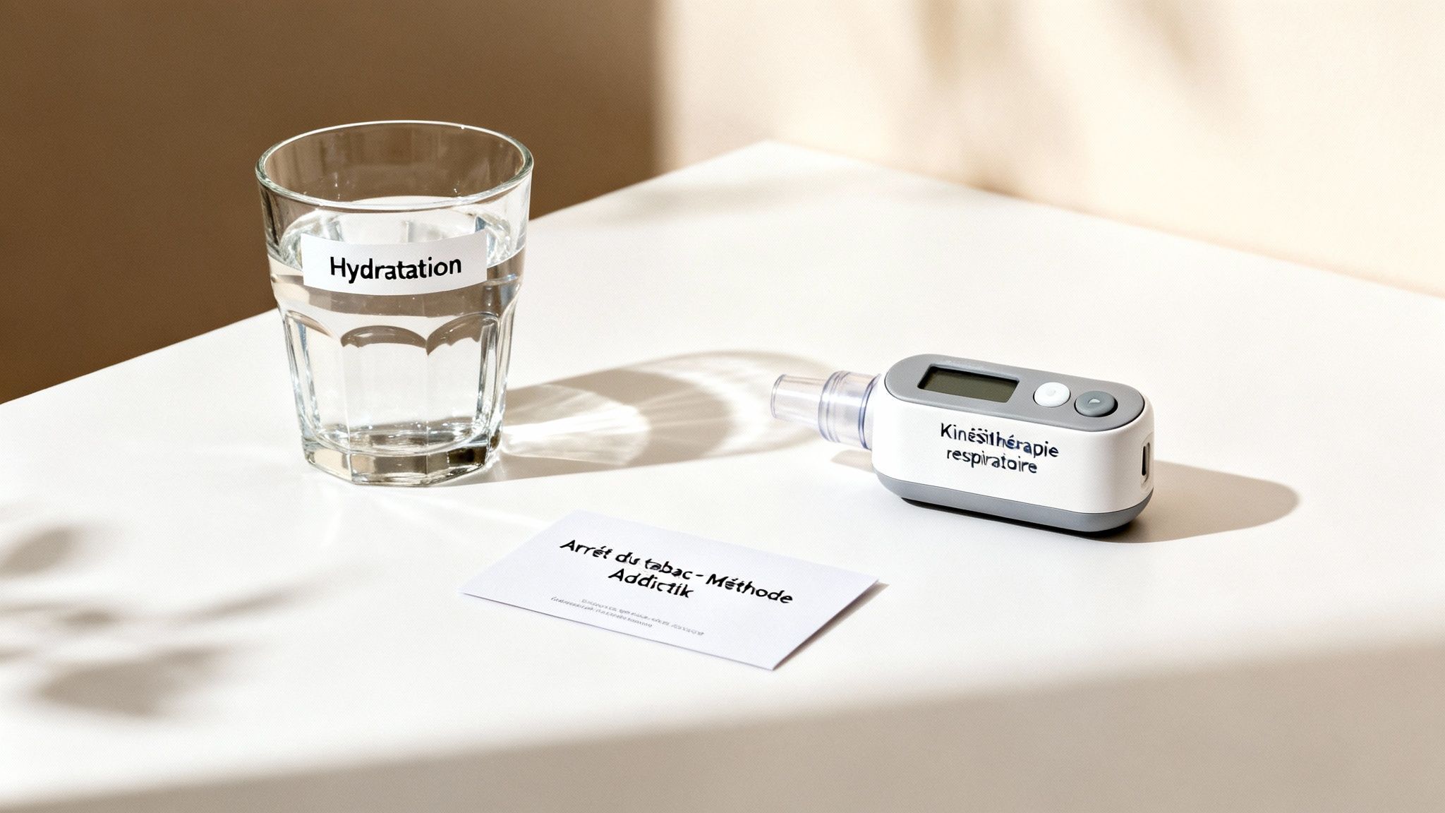 Verre d'eau, appareil de kinésithérapie respiratoire et carte d'arrêt du tabac pour la santé pulmonaire.