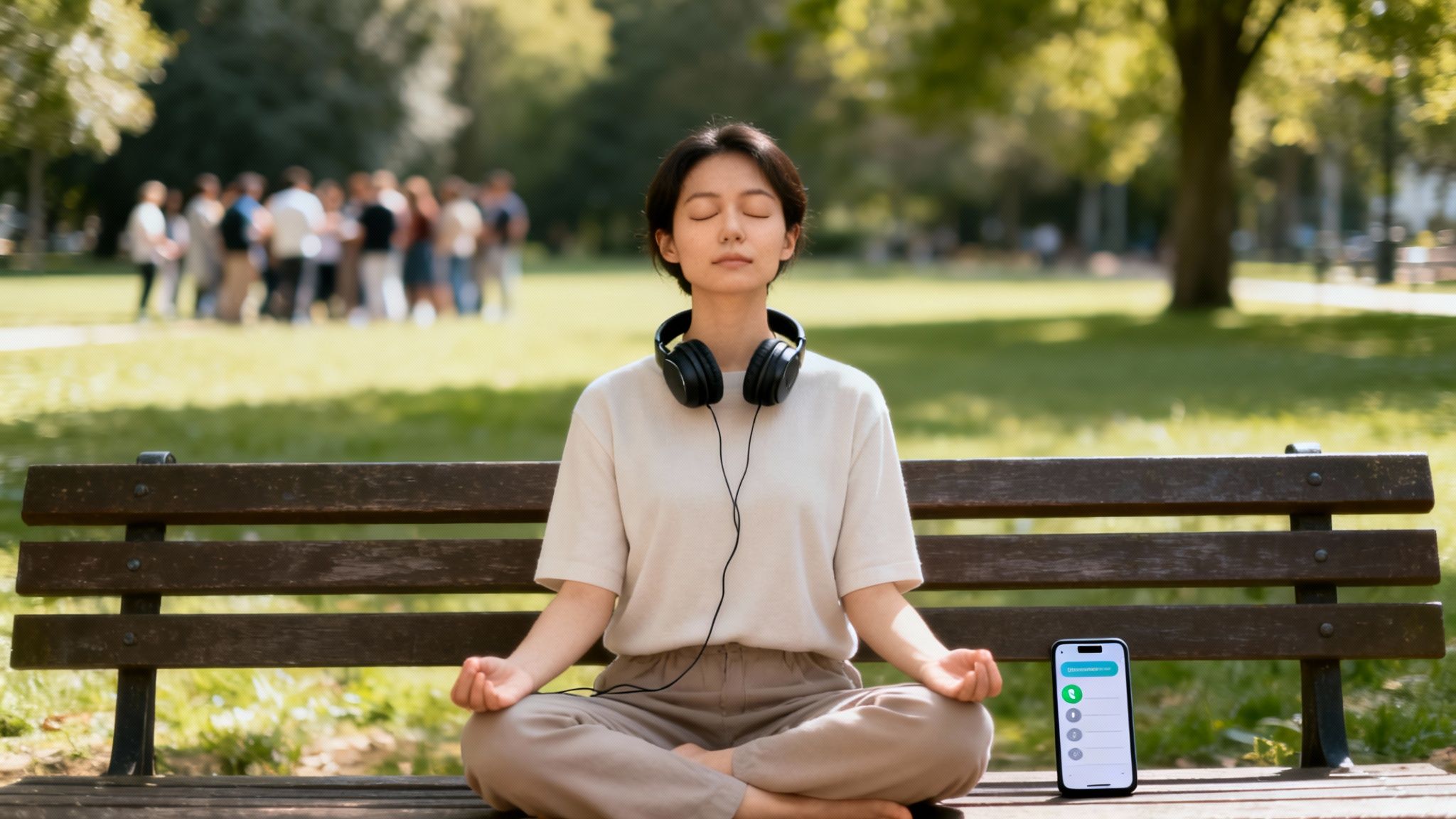 Une femme médite paisiblement sur un banc de parc, écouteurs autour du cou, un téléphone à côté d'elle avec une interface d'appel. Un groupe est visible en arrière-plan.