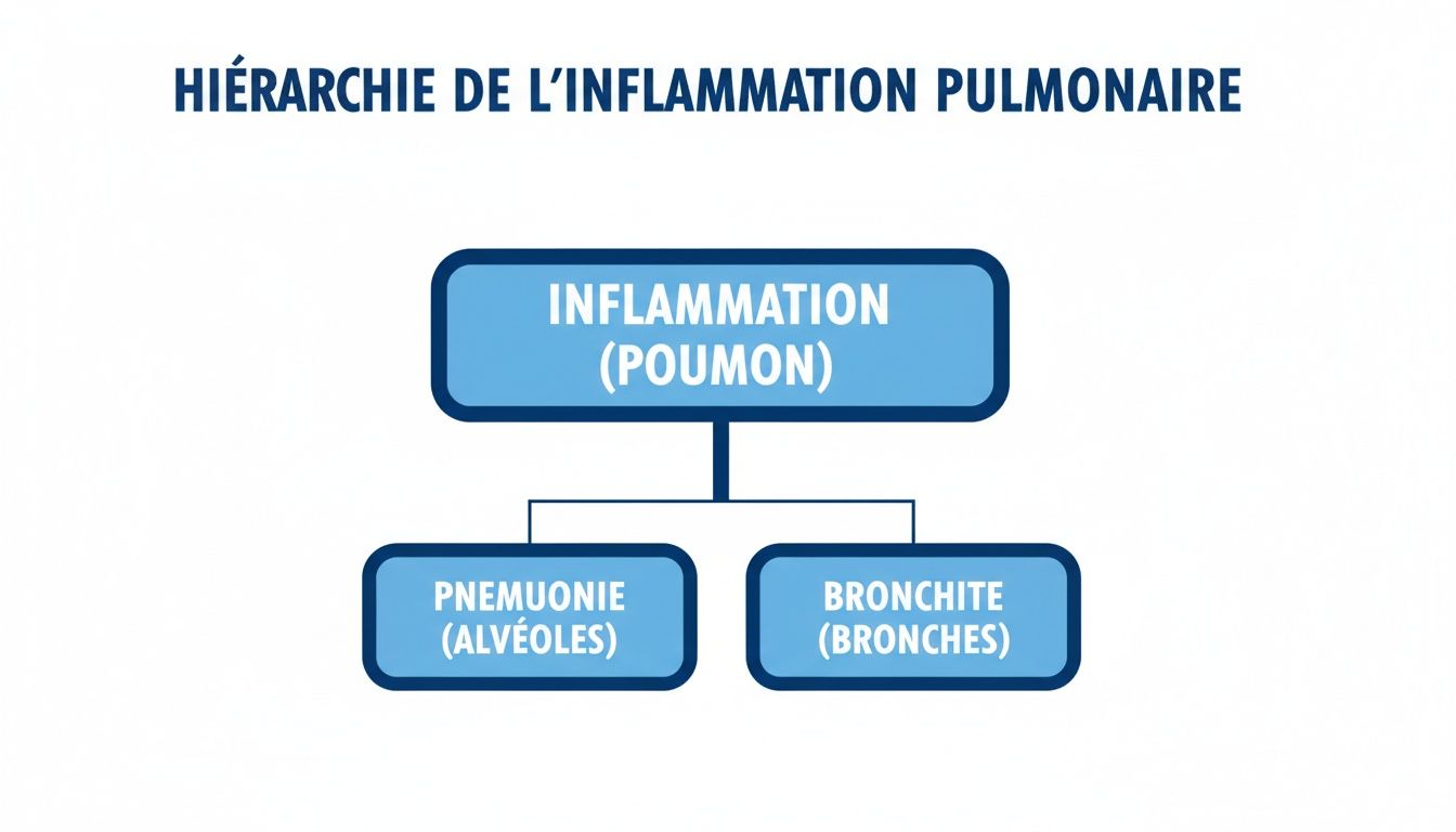Diagramme hiérarchique de l'inflammation pulmonaire, détaillant la pneumonie (alvéoles) et la bronchite (bronches).