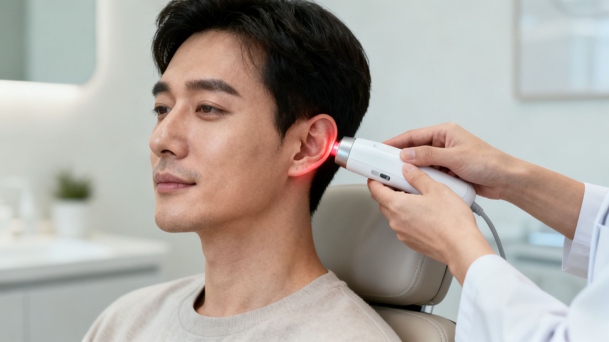 Un homme reçoit une thérapie au laser à lumière rouge sur son oreille, prodiguée par un professionnel de la santé.