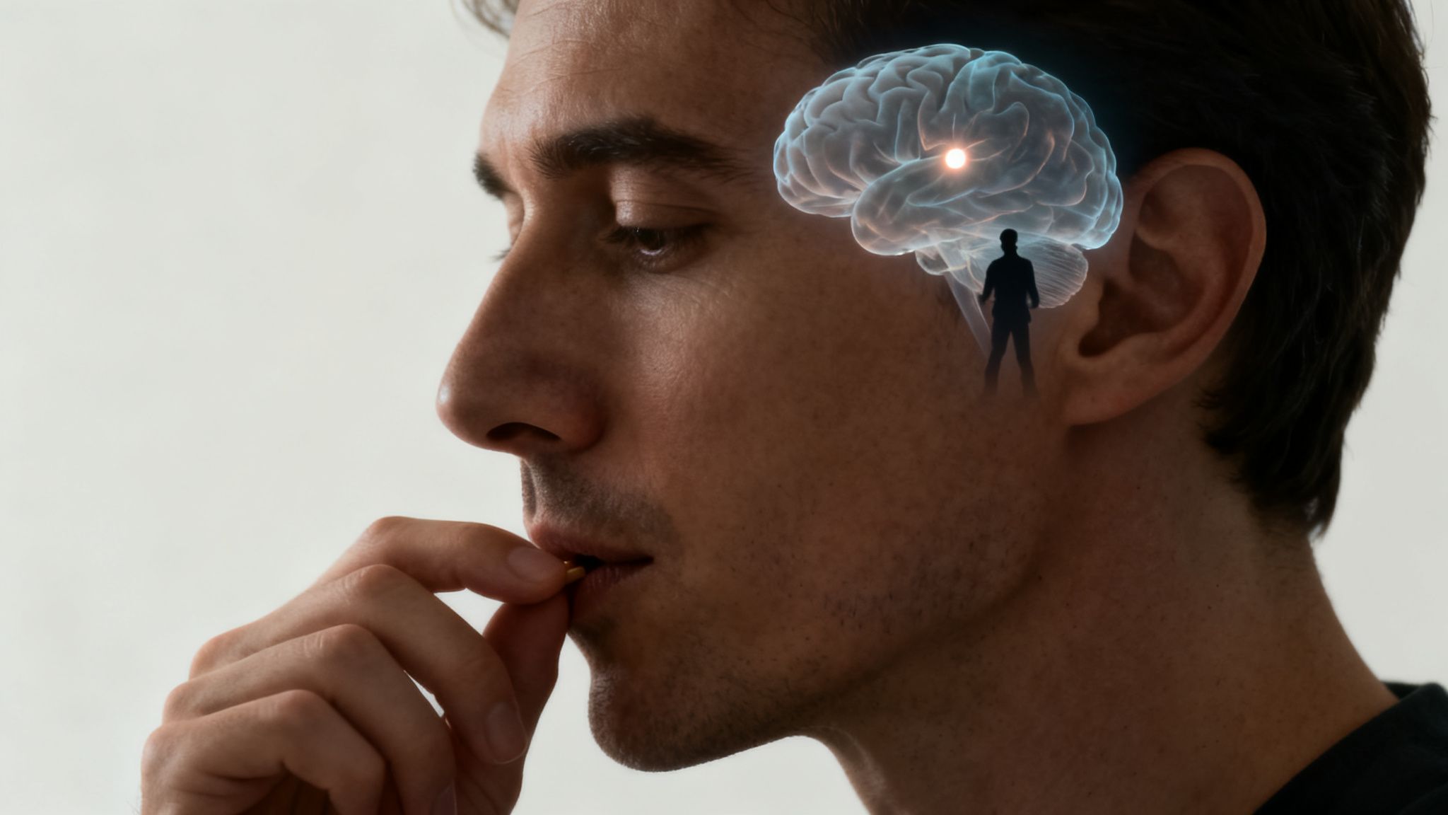 Vaincre l'envie irrépressible de fumer pour de bon 3 Un homme prend une pilule, avec une image de cerveau lumineux symbolisant la gestion des envies ou la santé mentale.