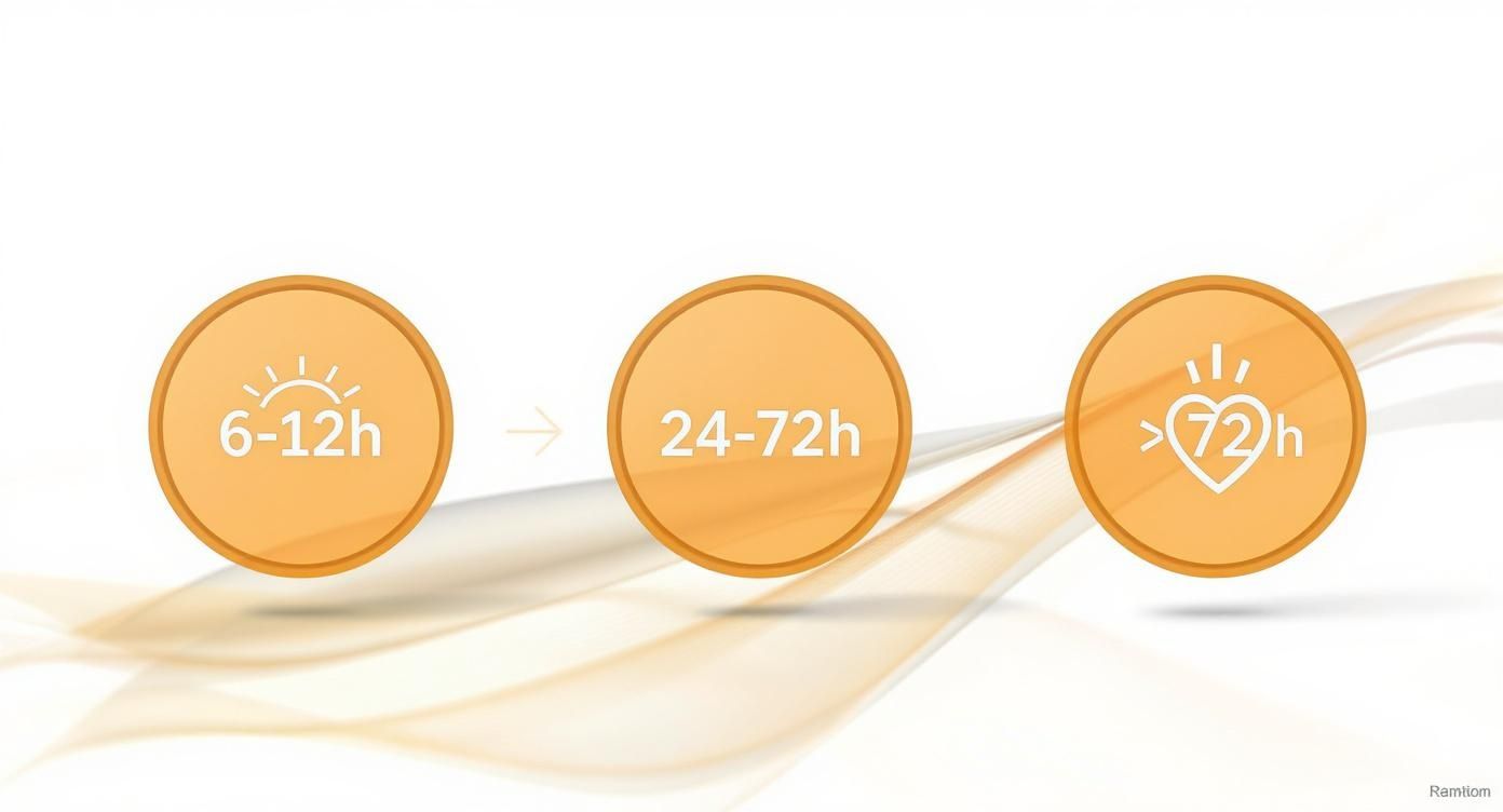 Trois cercles orange illustrant une progression temporelle : 6-12h (jour), 24-72h, et plus de 72h (bien-être).