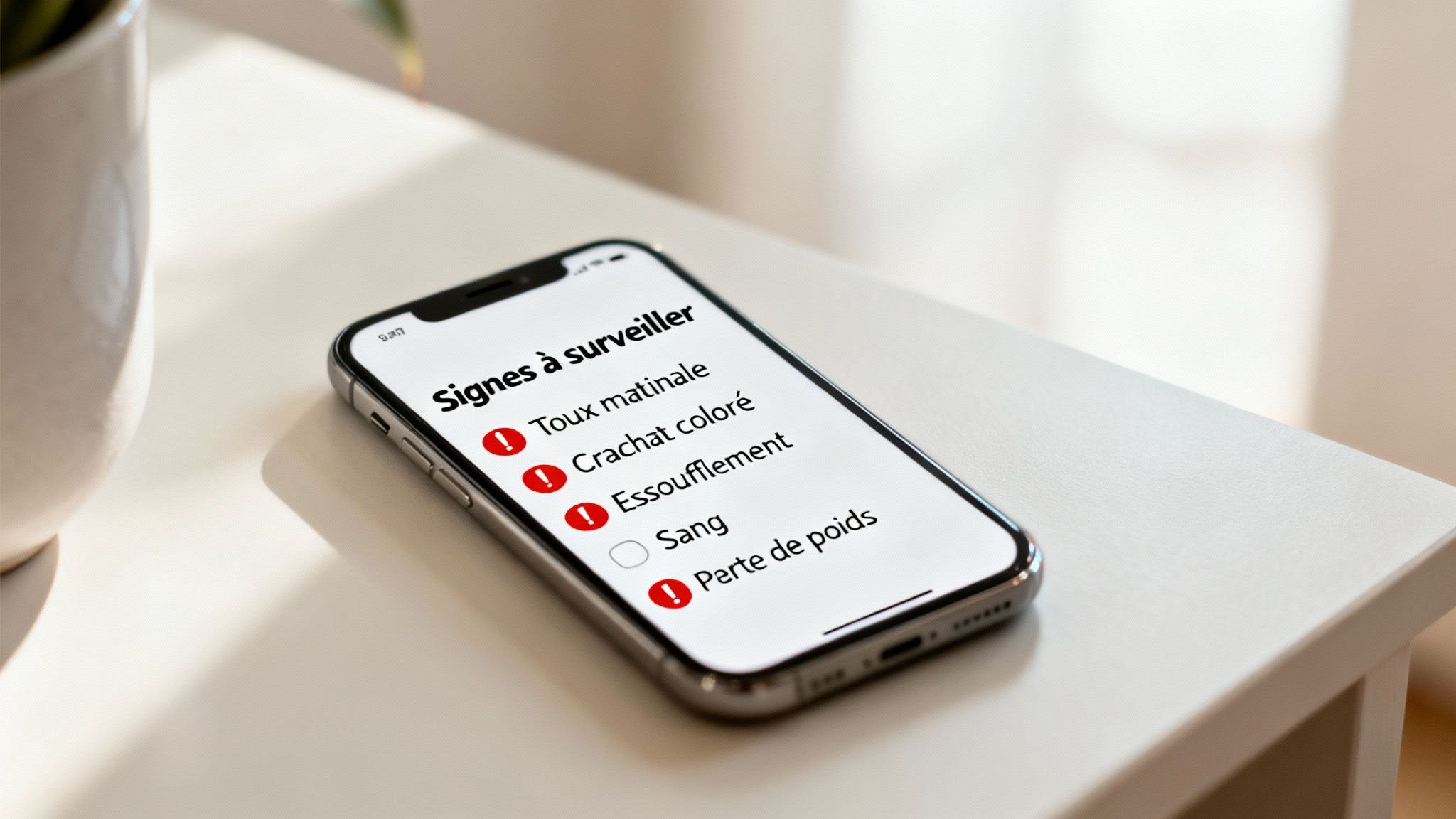 Un smartphone affiche une liste de signes à surveiller pour la santé, incluant toux, crachat et essoufflement.