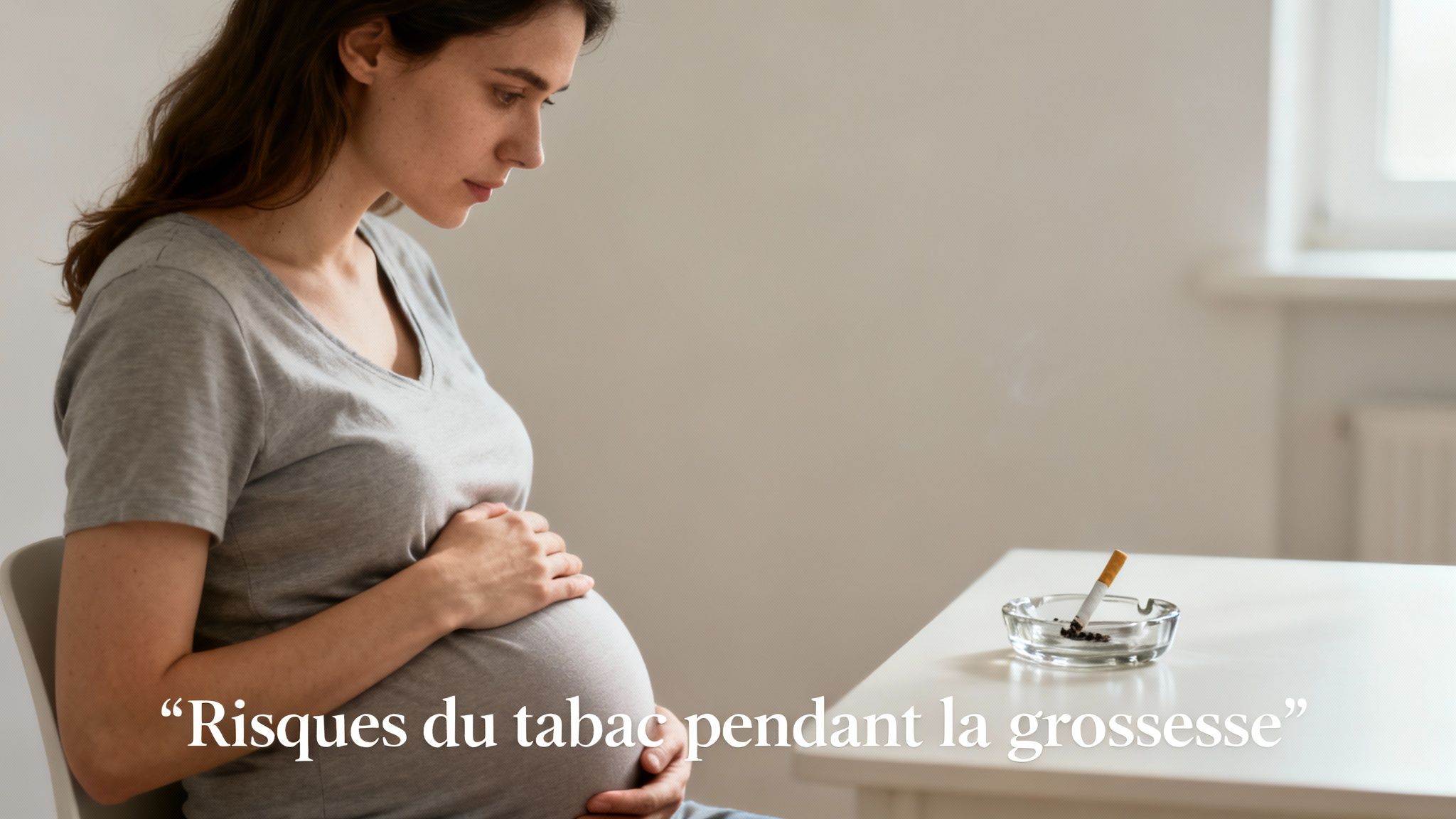 Femme enceinte pensive caressant son ventre, un cendrier avec une cigarette posé sur une table, évoquant les risques.
