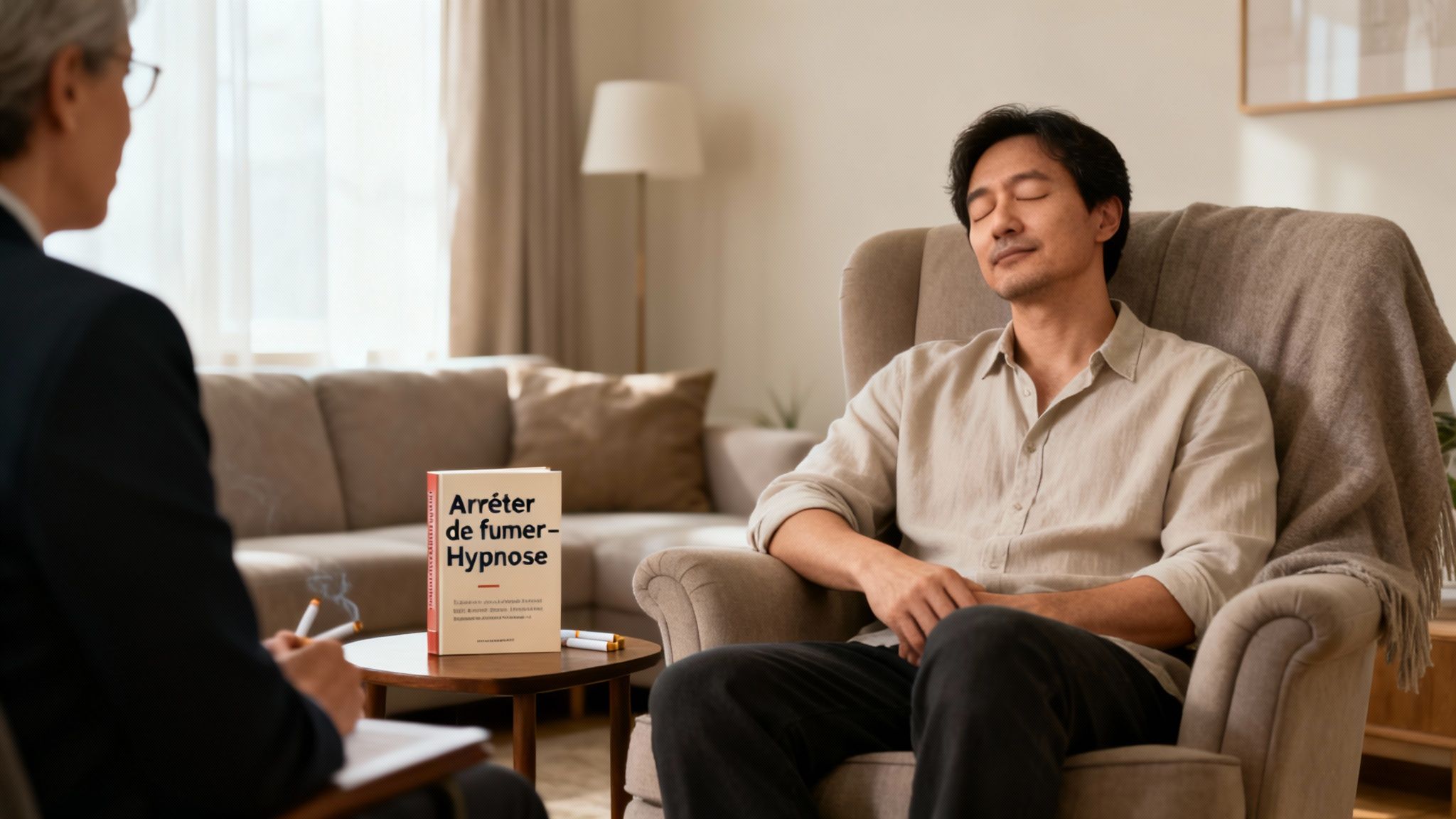 Un homme détendu en séance d'hypnose pour arrêter de fumer, assisté d'un thérapeute, avec un livre sur le sujet.