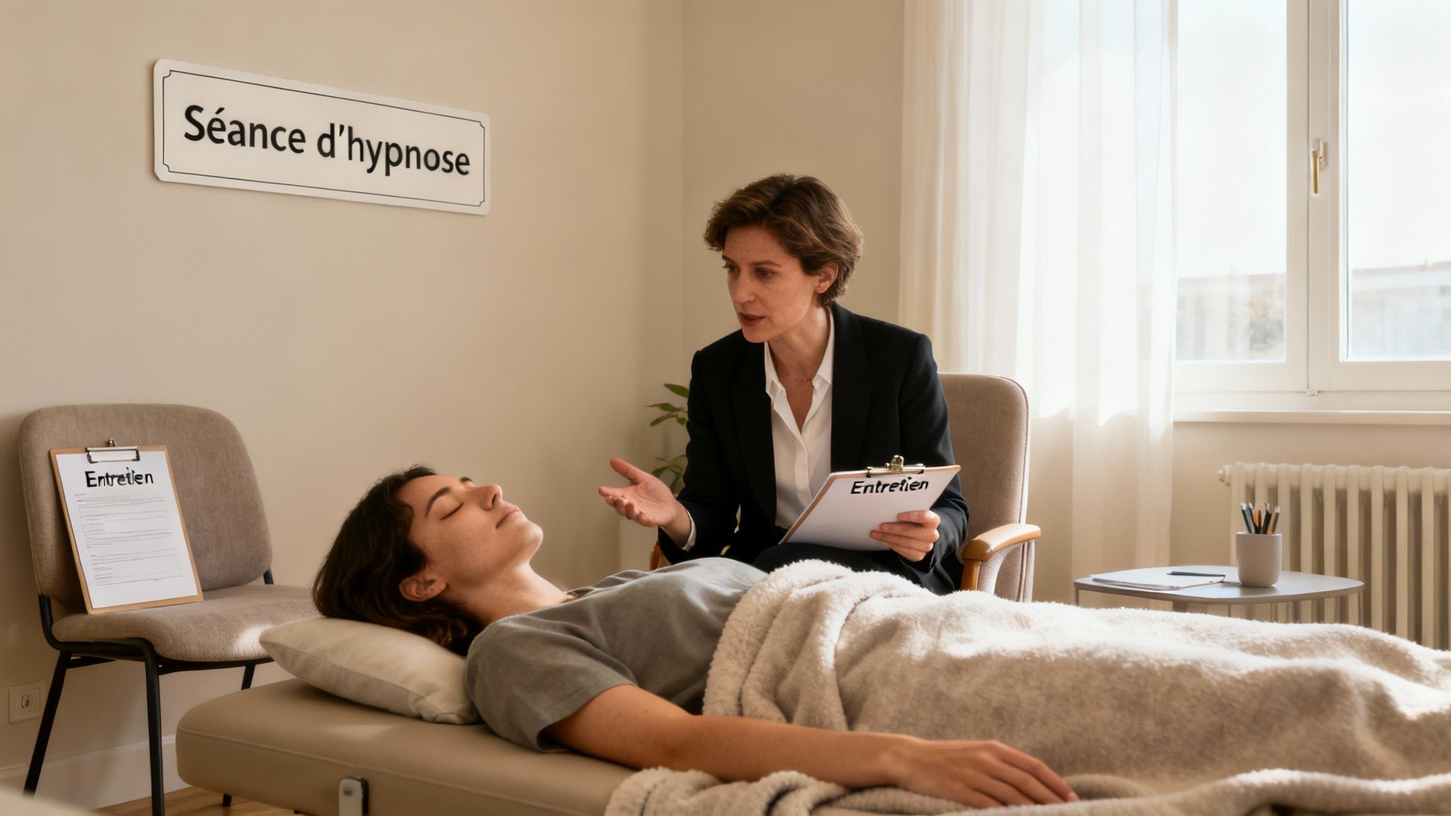 Une hypnothérapeute converse avec une patiente allongée pendant une séance d'hypnose, avec des documents 'Entretien'.
