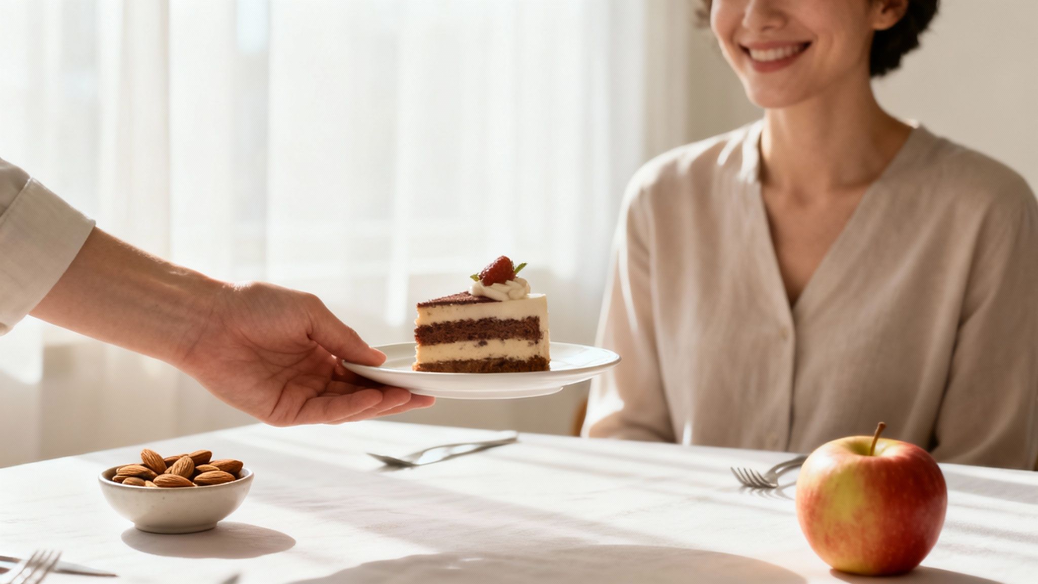 Une personne refusant poliment une part de gâteau lors d'un repas entre amis.
