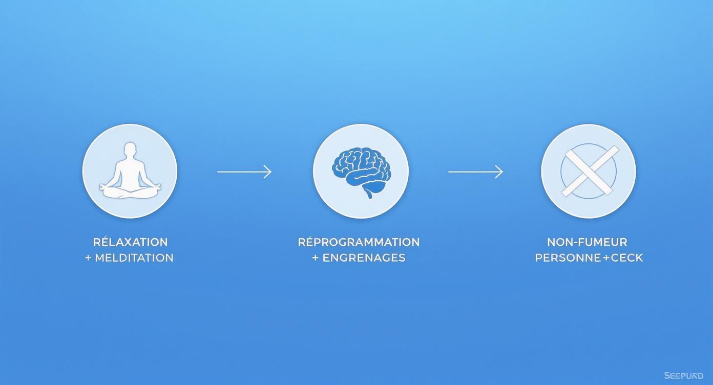 Processus d'arrêt du tabac avec relaxation, méditation et reprogrammation mentale pour devenir non-fumeur.