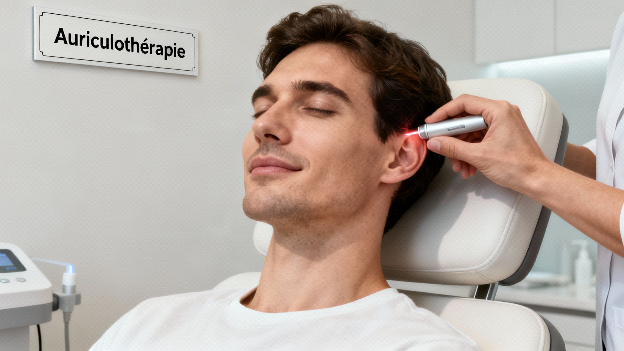 Homme recevant un traitement d'auriculothérapie laser sur l'oreille dans un cabinet médical lumineux.