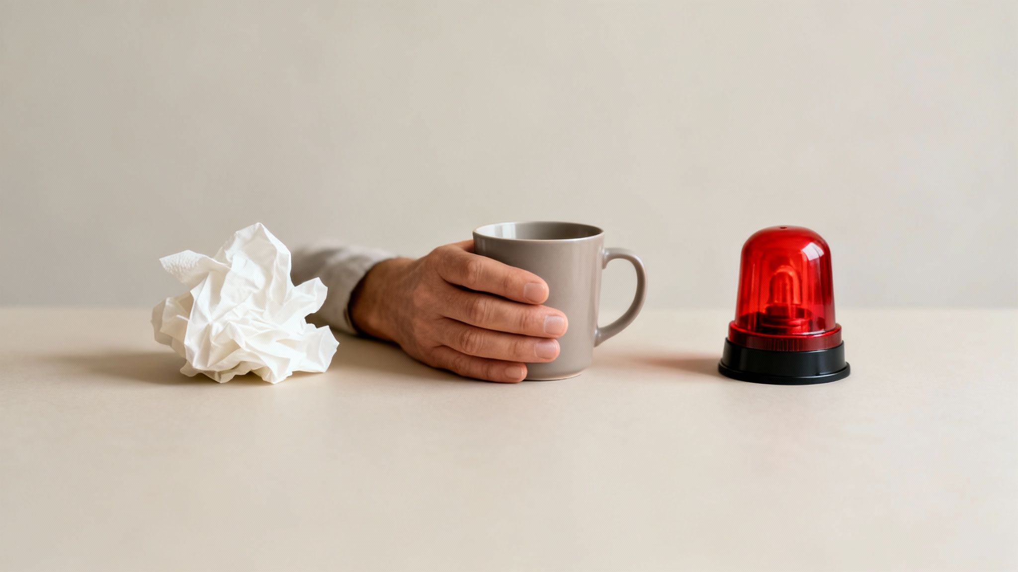 Une main tient une tasse de café près d'un mouchoir froissé et d'une balise rouge, évoquant une urgence ou un malaise.