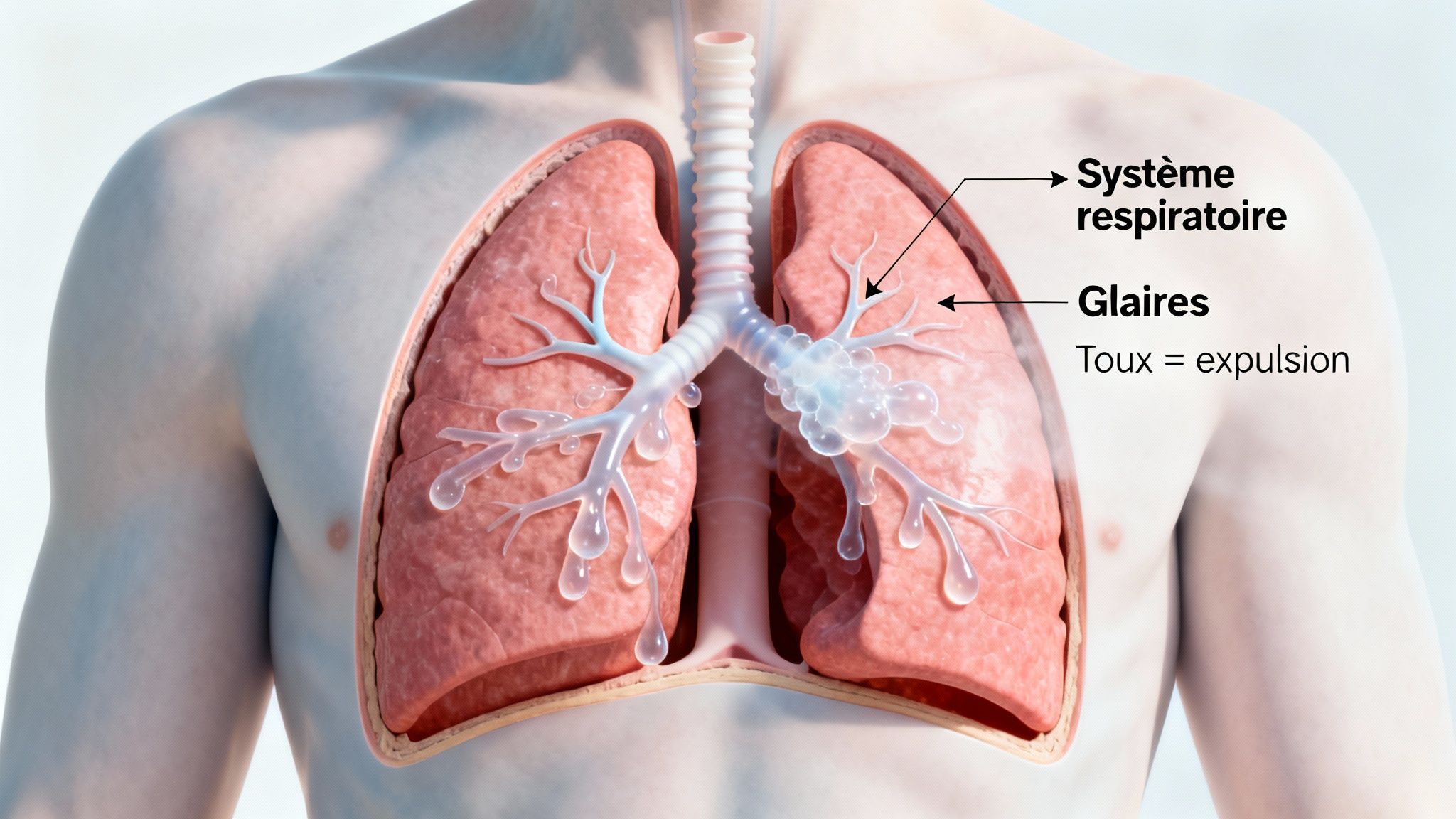 Représentation schématique du système respiratoire humain, montrant les poumons, la trachée et l'accumulation de glaires expulsées par la toux.