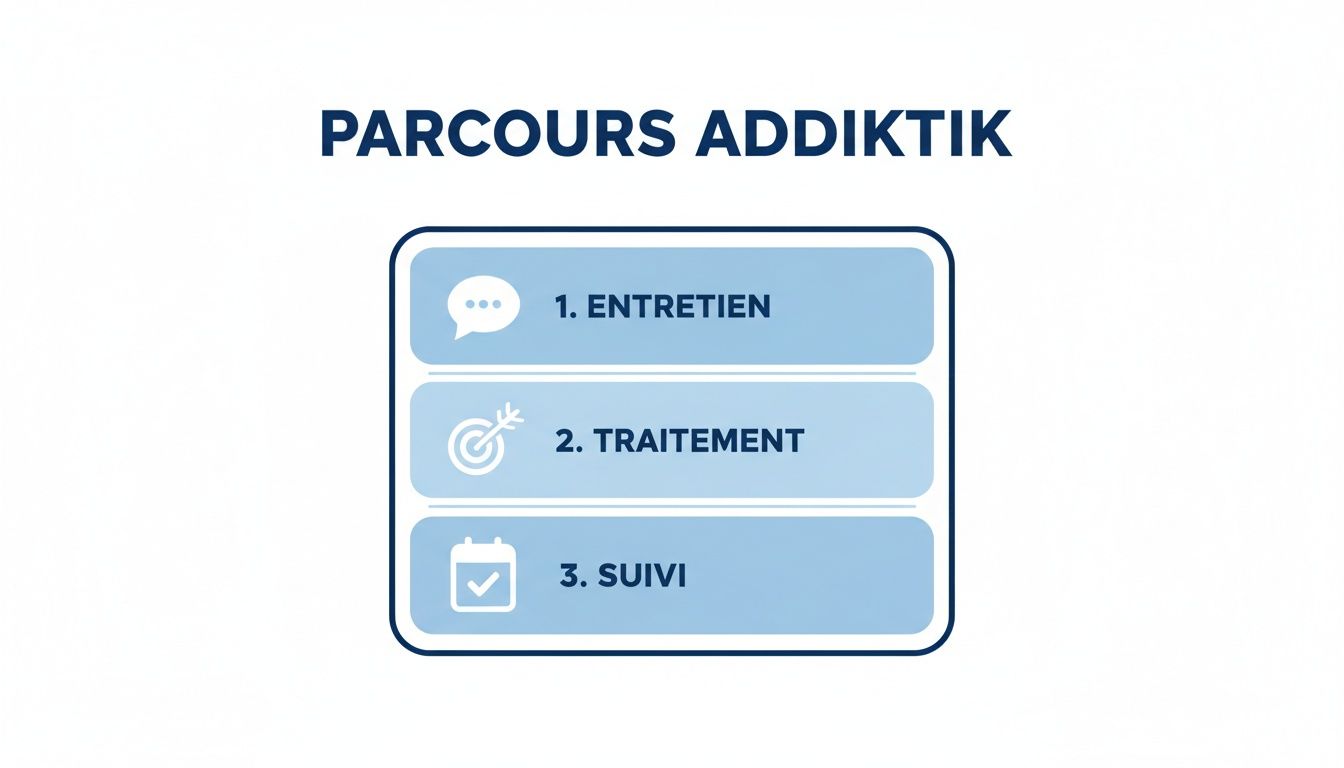 Diagramme illustrant le parcours Addiktik en trois étapes pour la prise en charge des addictions: entretien, traitement et suivi.