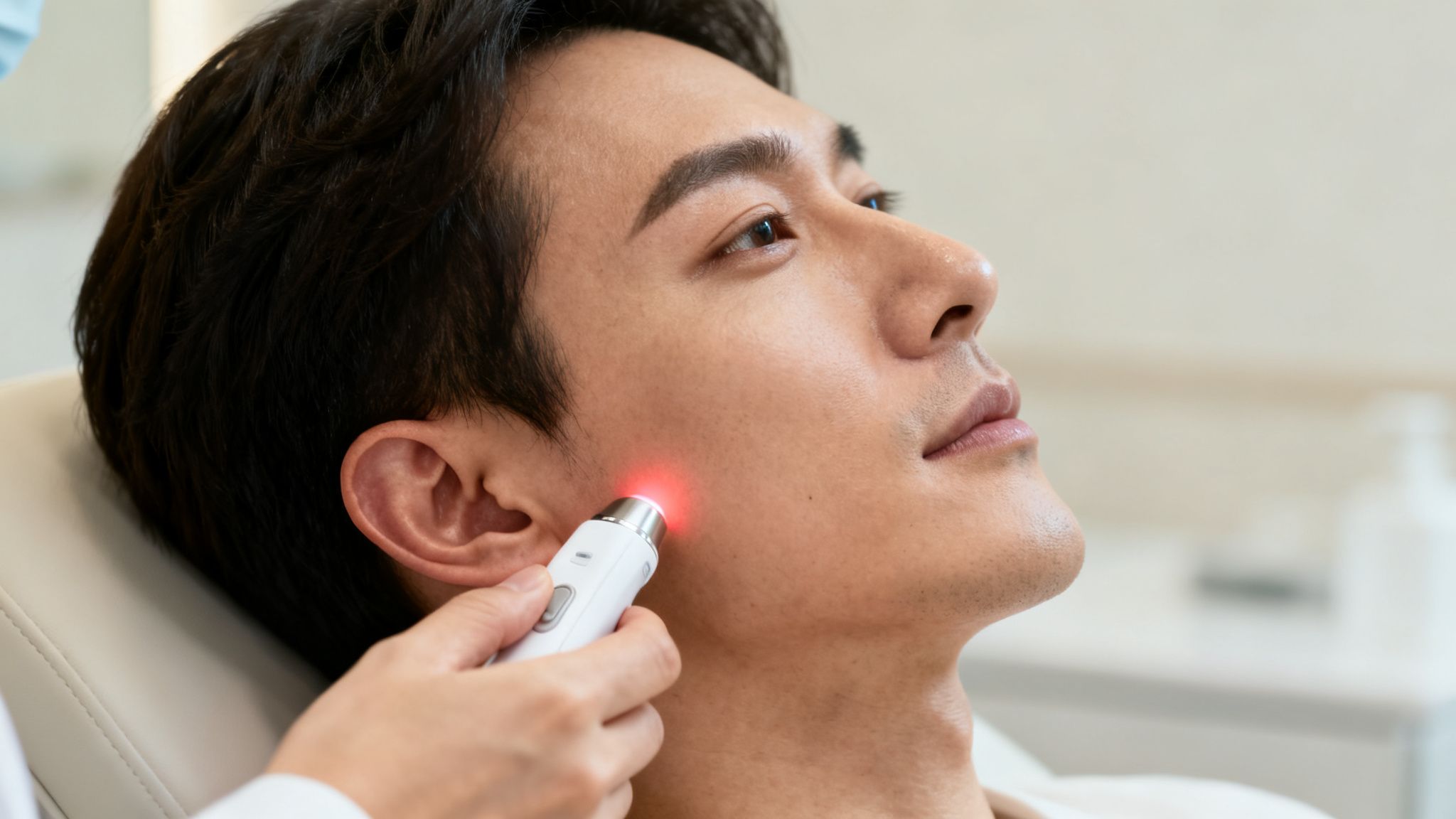 L'auriculothérapie addiction: une solution naturelle contre votre dépendance 4 Un homme reçoit un traitement de lumière rouge sur le visage dans une clinique. Gros plan.