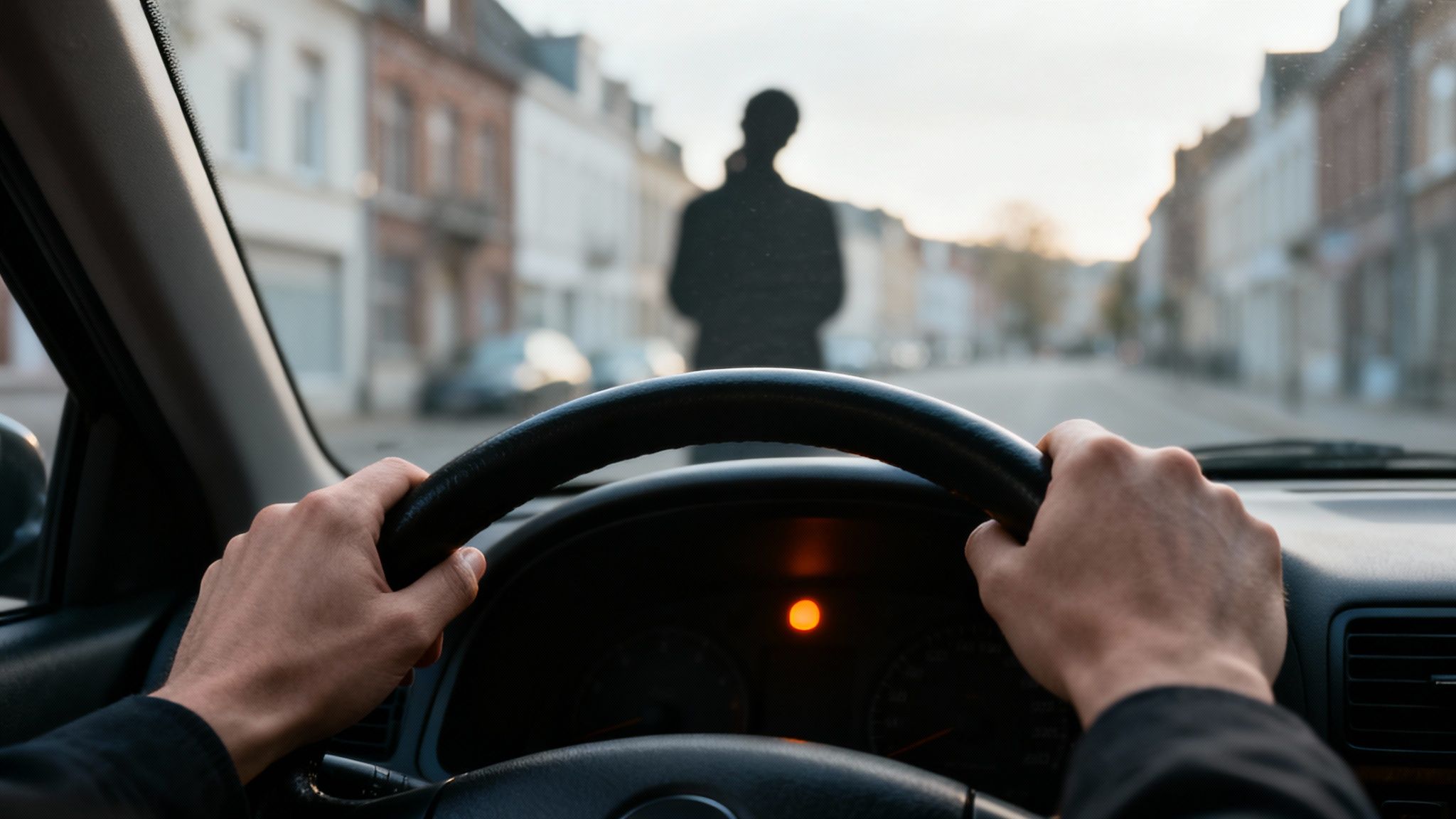 Vue du point de vue d'un conducteur, les mains sur le volant, face à une silhouette floue d'une personne dans la rue, avec un voyant d'avertissement allumé.