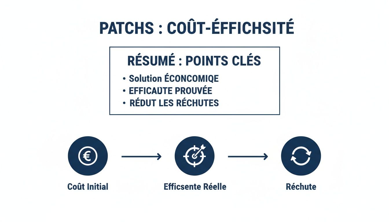 L'image détaille la coût-efficacité des patchs: solution économique, efficacité prouvée, réduction des rechutes, et un aperçu du processus.