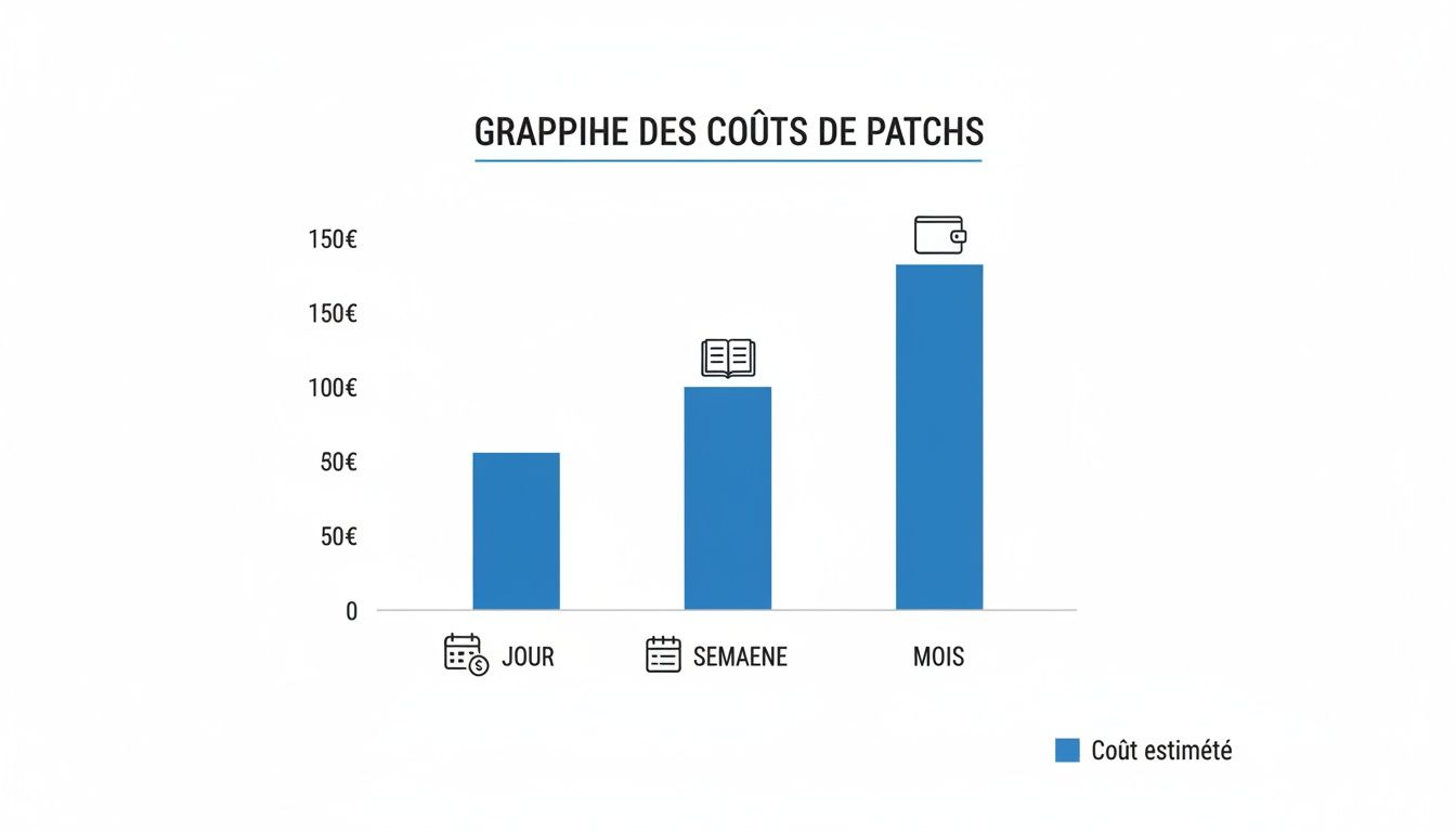 Graphique à barres illustrant les coûts estimés des patchs par jour, semaine et mois, montrant une augmentation progressive des dépenses.