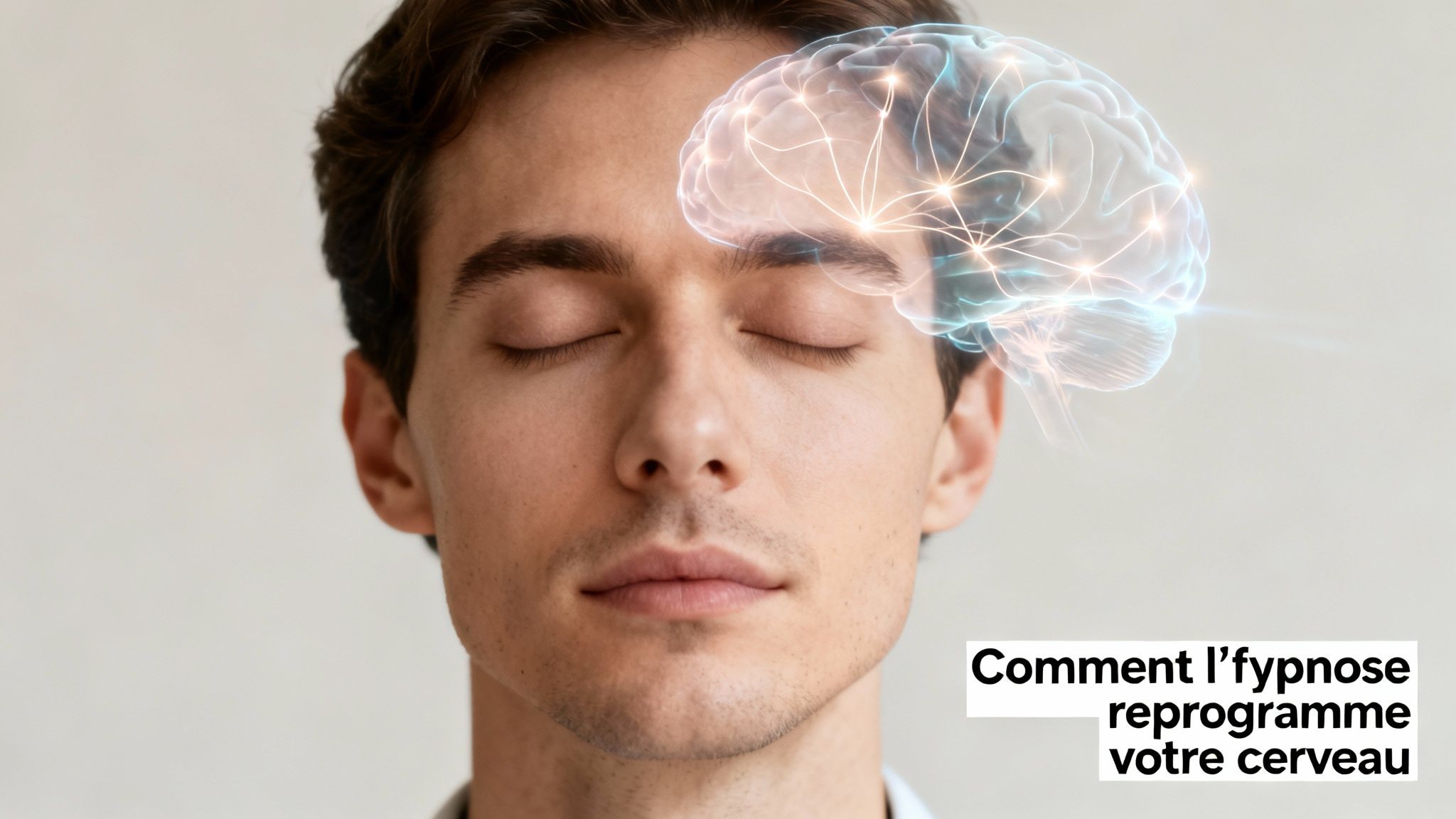 Un homme les yeux fermés avec une illustration de cerveau lumineux, symbolisant la reprogrammation cérébrale par l'hypnose.