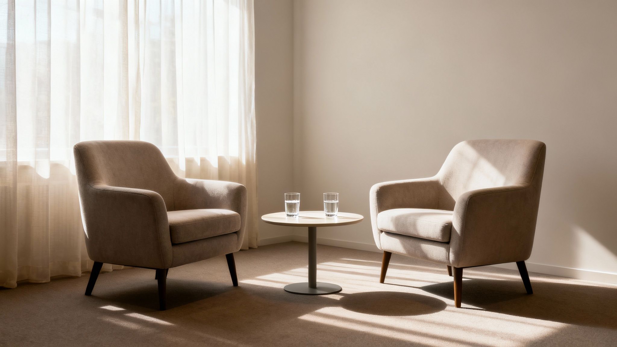 Une salle de consultation lumineuse avec deux fauteuils beiges et une table basse, idéale pour un dialogue serein.