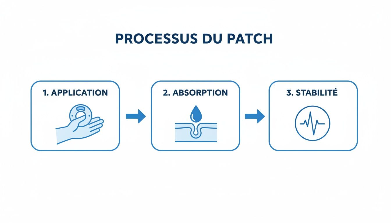 Processus du patch en 3 étapes : application manuelle, absorption cutanée et stabilité du traitement.