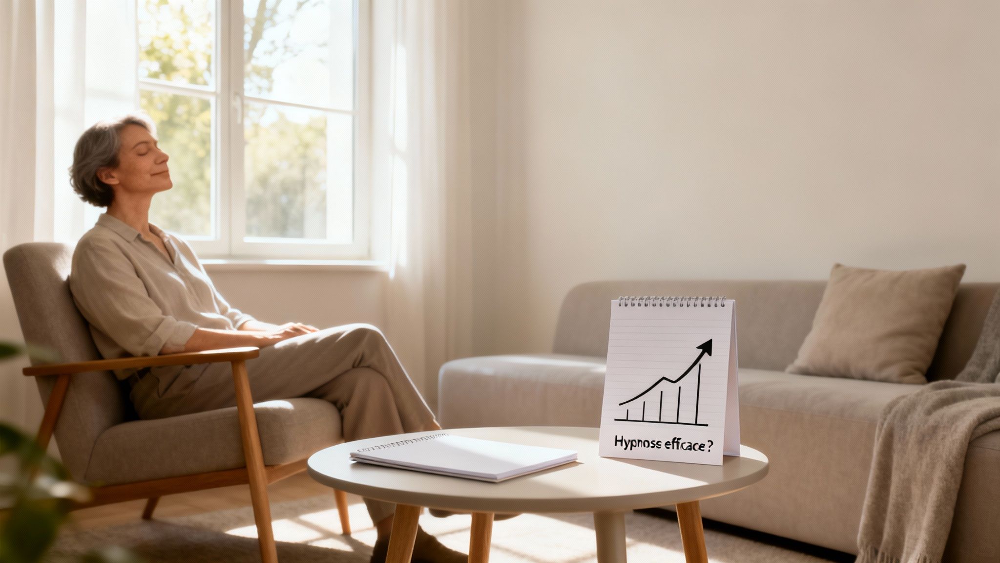 Femme aux cheveux gris relaxant sereinement dans un fauteuil, devant une table avec un carnet affichant "Hypnose efficace?" et un graphique ascendant.
