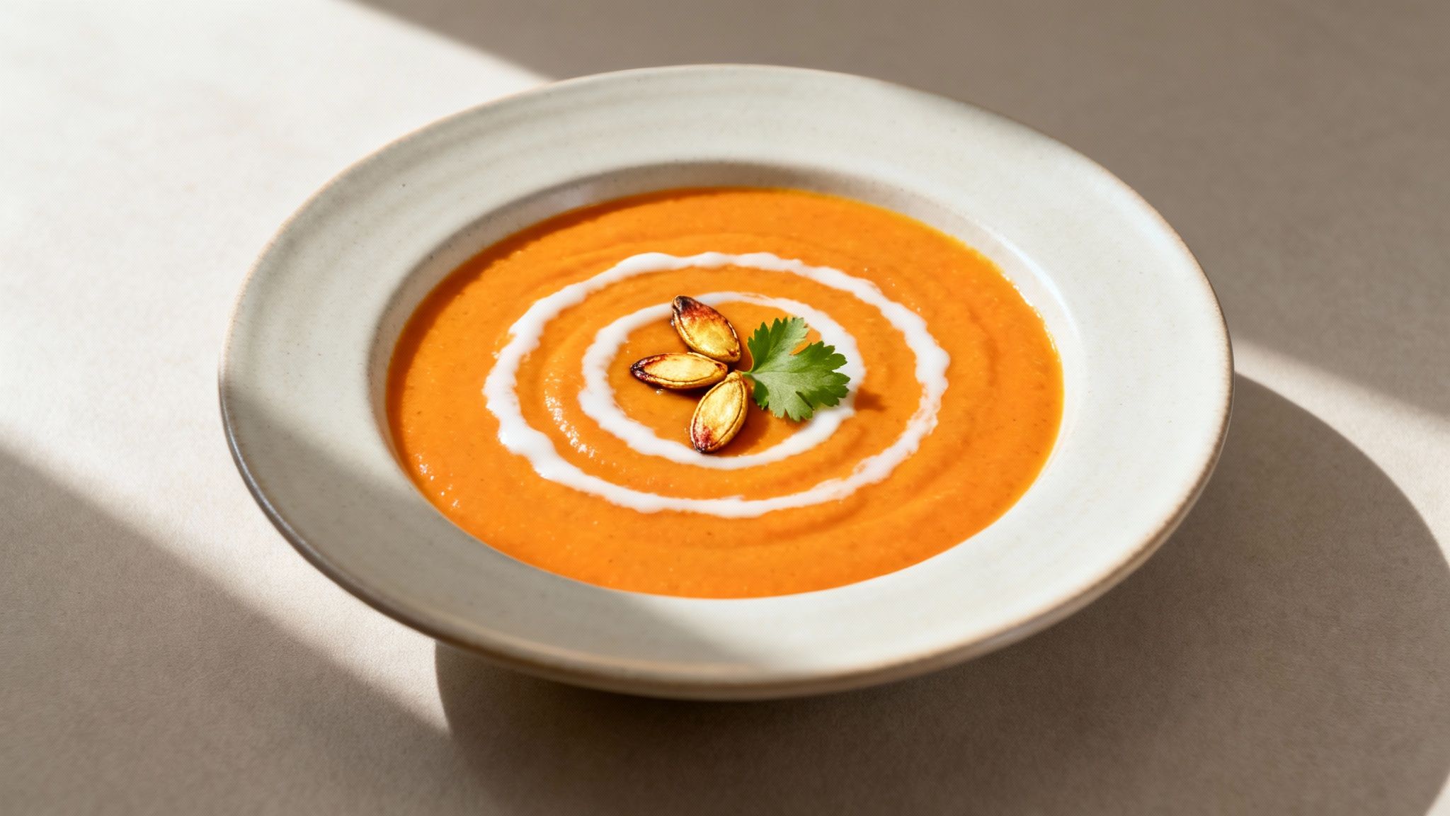 Plusieurs bols de soupe de carottes avec différentes garnitures créatives