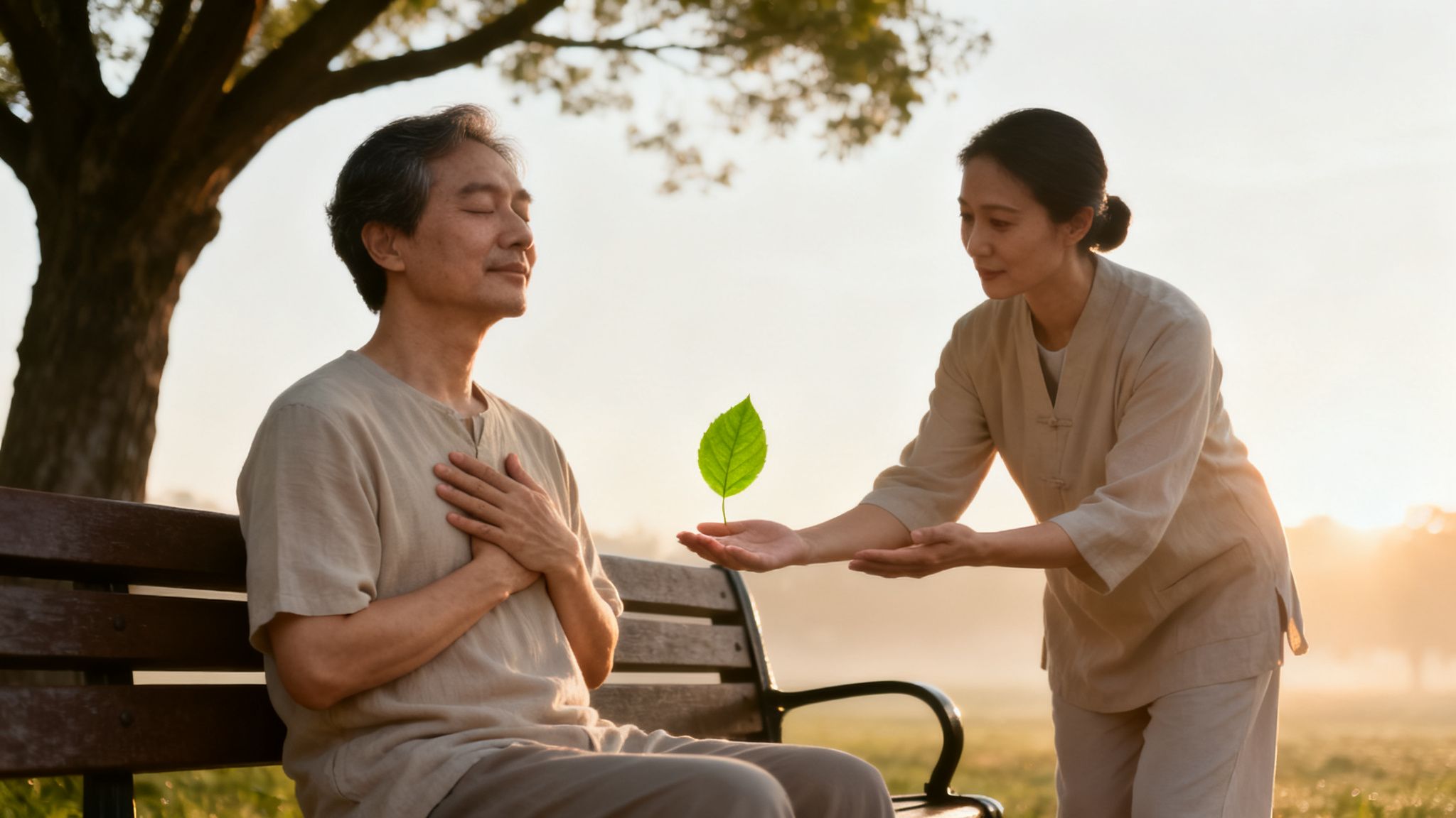 Le guide du sevrage tabagique naturel pour arrêter de fumer sans effort 3 Un homme médite sur un banc tandis qu'une femme lui offre une feuille verte, symbolisant la santé naturelle et le bien-être.