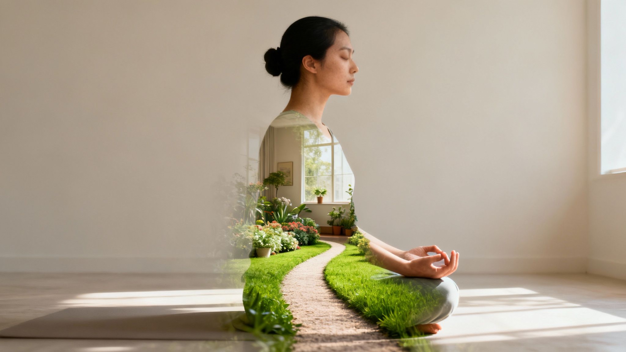 Une femme médite en position du lotus, son corps révélant un jardin intérieur luxuriant avec un sentier et une fenêtre.