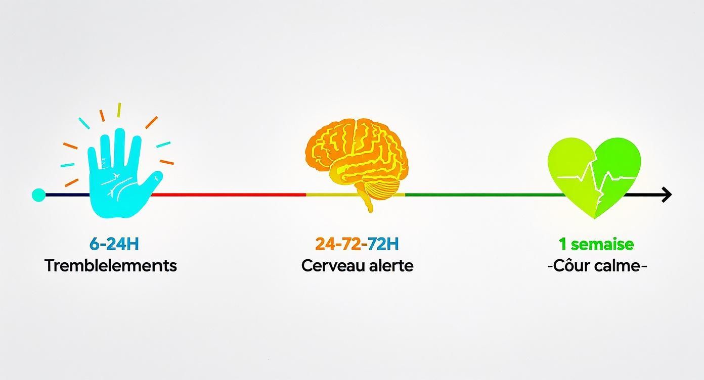 Infographie illustrant la chronologie des symptômes de sevrage alcoolique : tremblements (main), cerveau alerte et cœur calme.