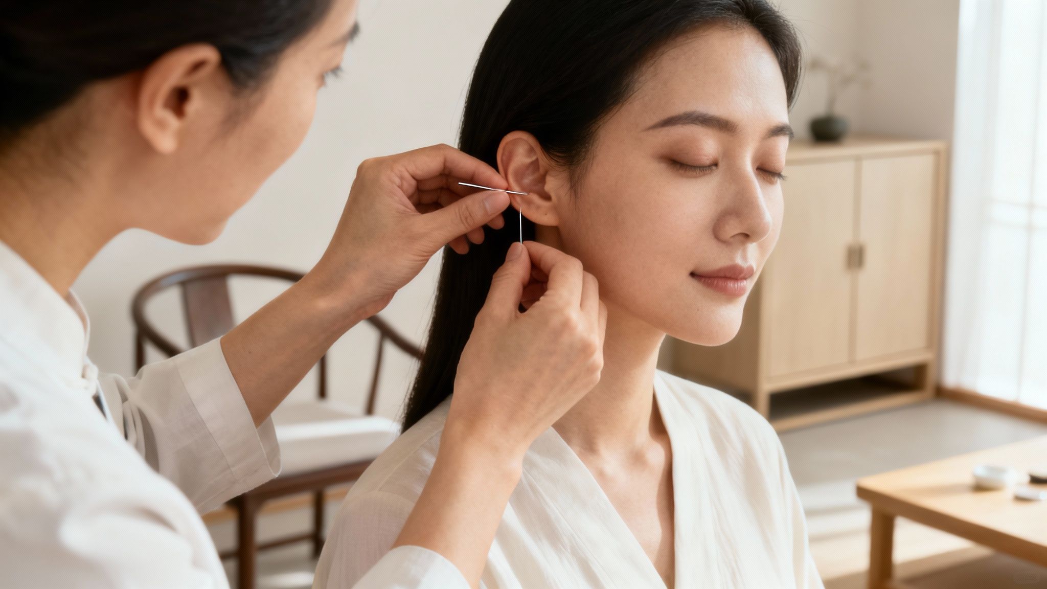 Une personne recevant un traitement d'acupuncture auriculaire dans un environnement calme et professionnel.