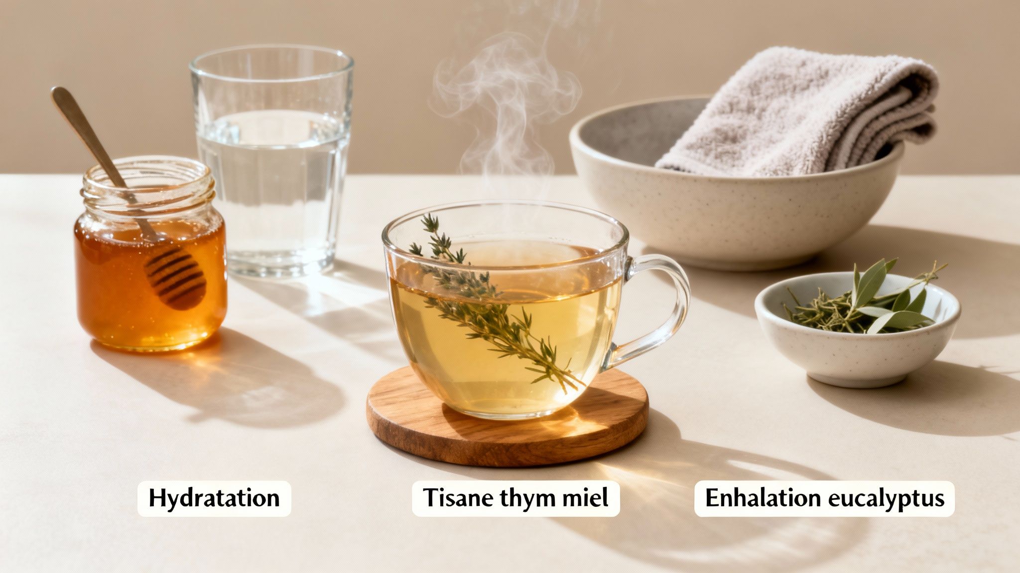 Une table avec des remèdes naturels pour la toux et le rhume : eau, miel, tisane de thym fumante, et feuilles d'eucalyptus.