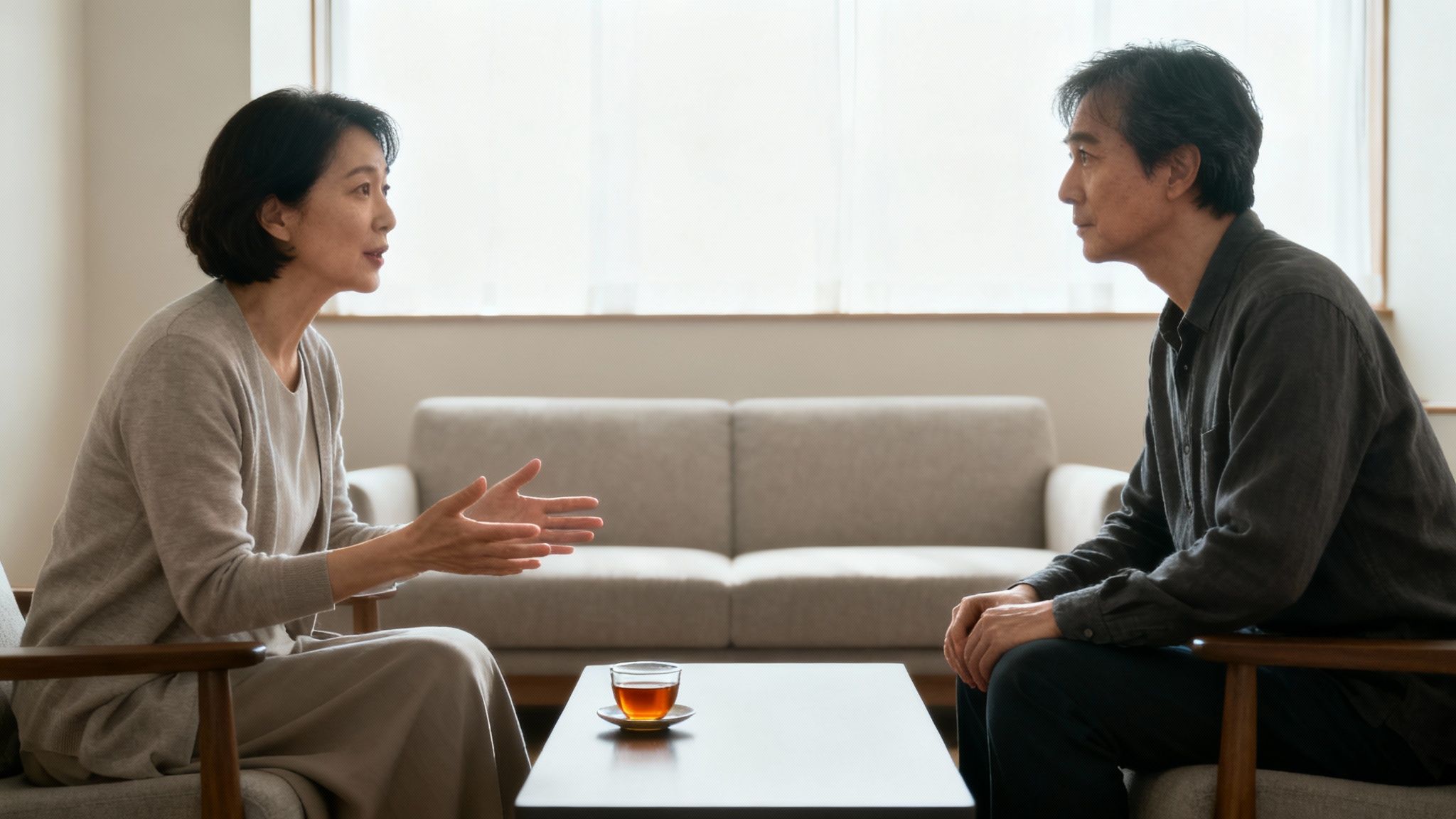 Deux personnes discutant calmement sur un canapé