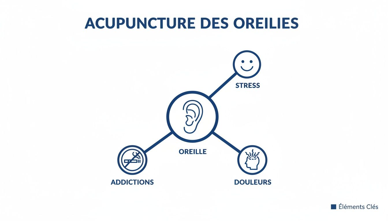 Infographie montrant comment l'acupuncture auriculaire aide à gérer le stress, les addictions et les douleurs.