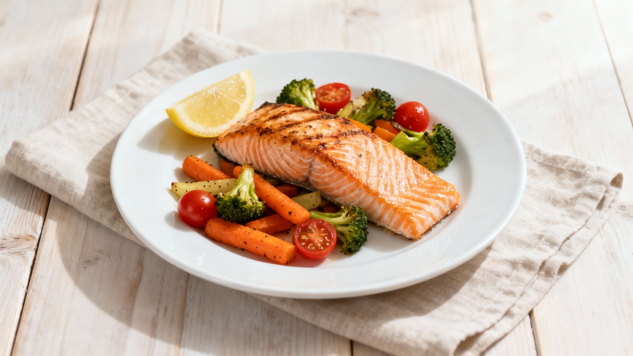 Filet de saumon grillé et ses légumes rôtis (brocoli, carottes, tomates cerises) accompagné d'un quartier de citron, servi sur une assiette blanche sur une table en bois clair.