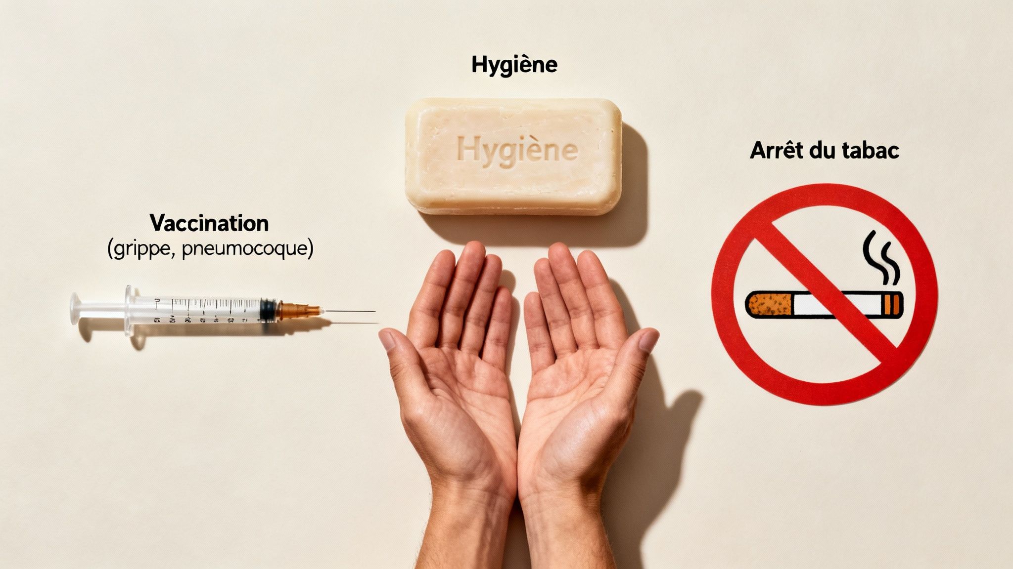 Trois mesures préventives pour la santé : une seringue pour la vaccination, un savon pour l'hygiène, et un panneau anti-tabac.