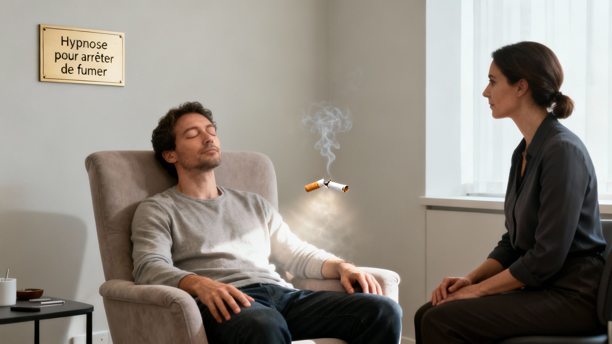 Homme hypnotisé pour arrêter de fumer, cigarette brisée flottant, femme thérapeute l'observant.