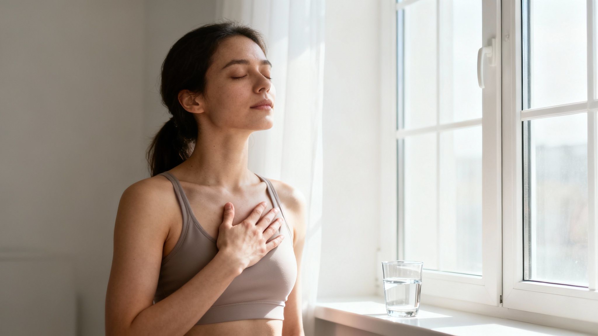Femme pratiquant la respiration profonde et la méditation près d'une fenêtre lumineuse
