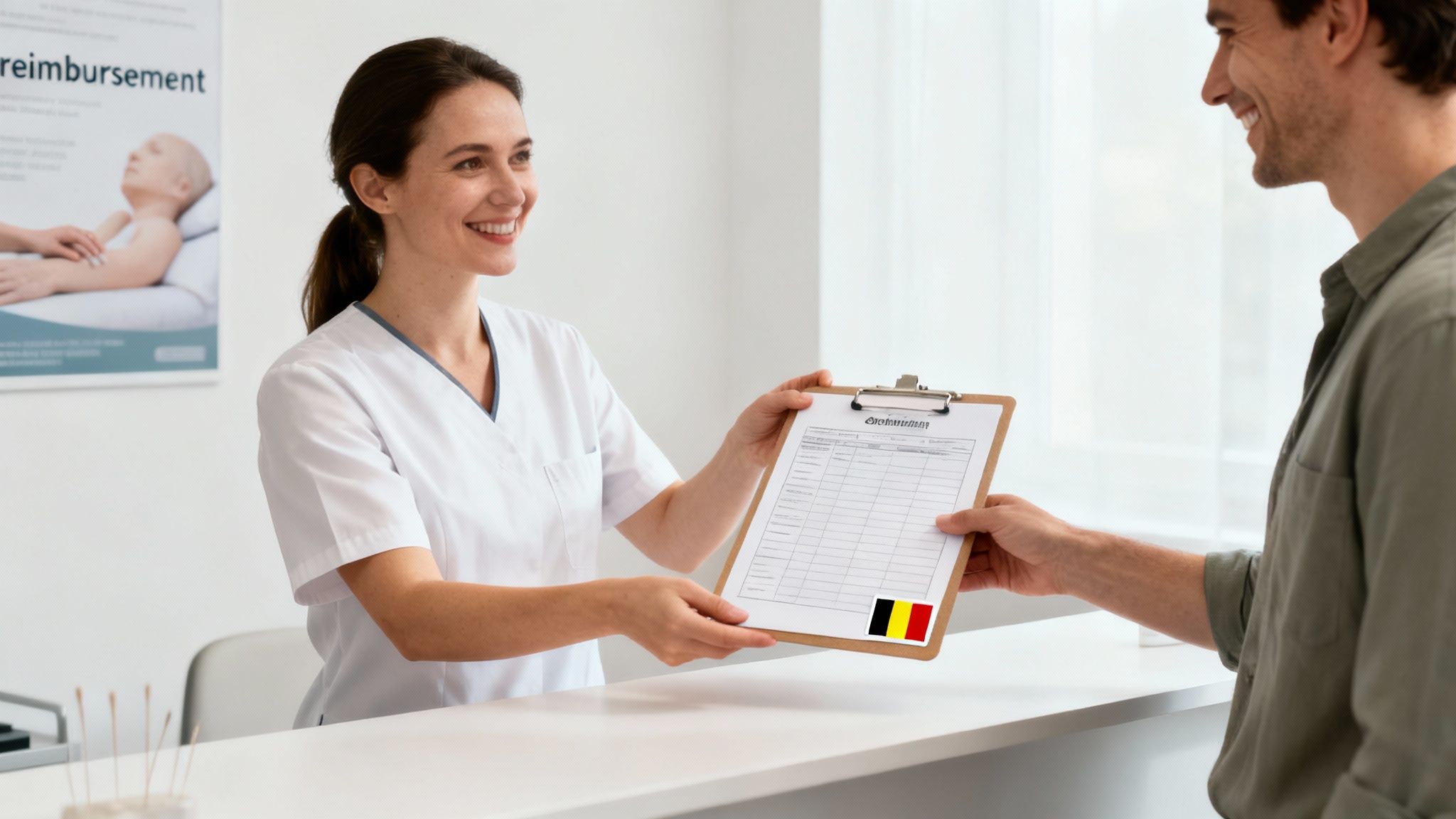 Professionnelle de santé présentant un formulaire de remboursement à un patient en consultation médicale